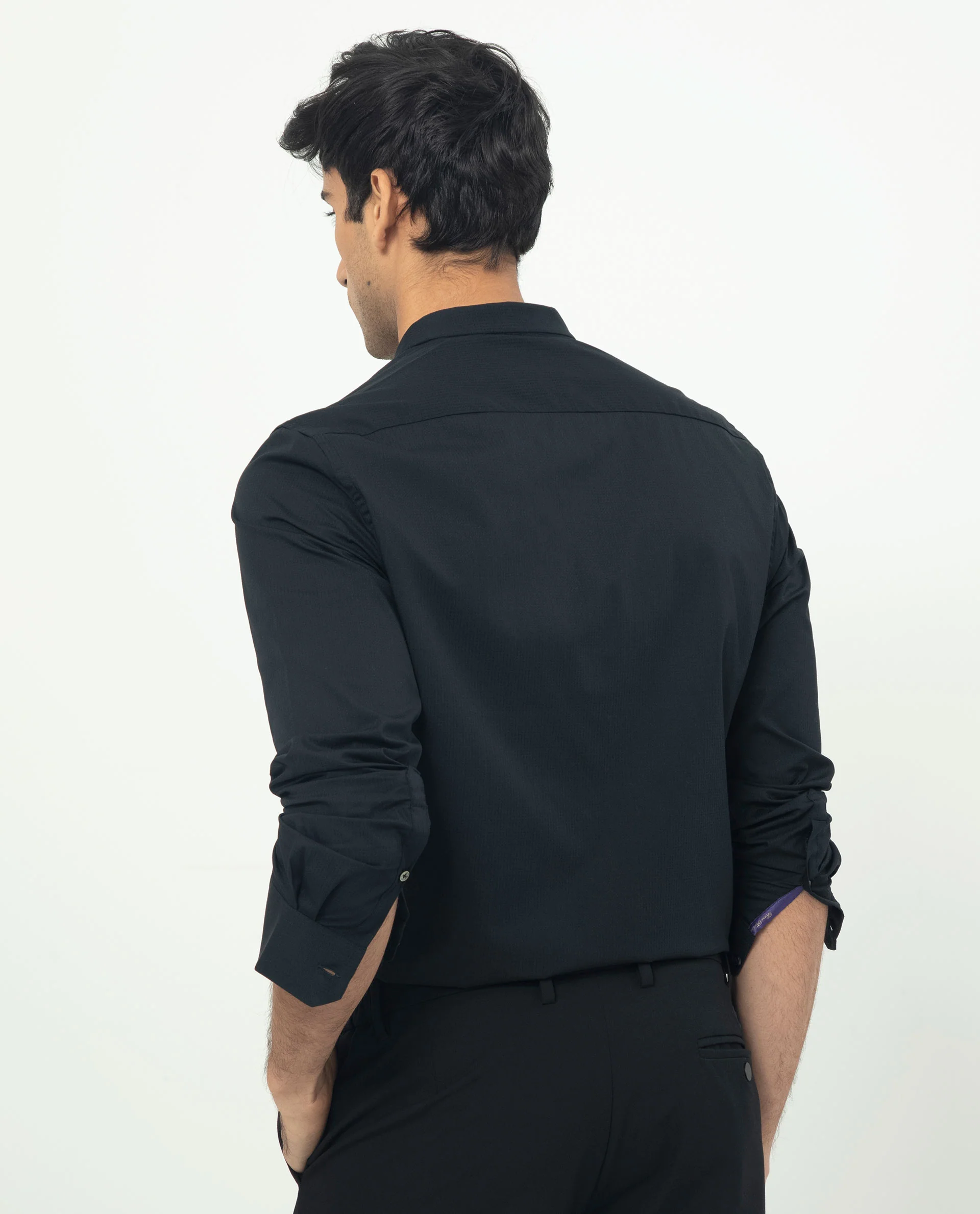 Rare Rabbit Men's Rains Black Cotton Plain Tailored Fit Full Sleeve Mandarin Collar Shirt - Image 11
