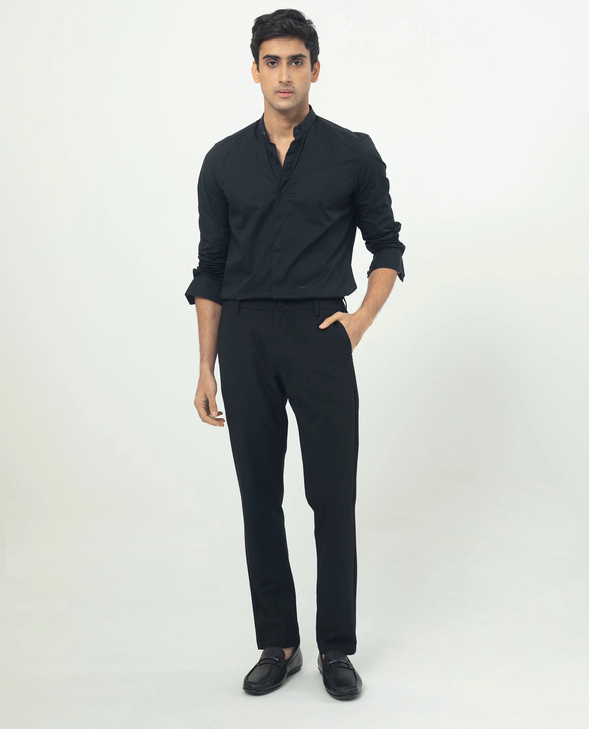 Rare Rabbit Men's Rains Black Cotton Plain Tailored Fit Full Sleeve Mandarin Collar Shirt - Image 2