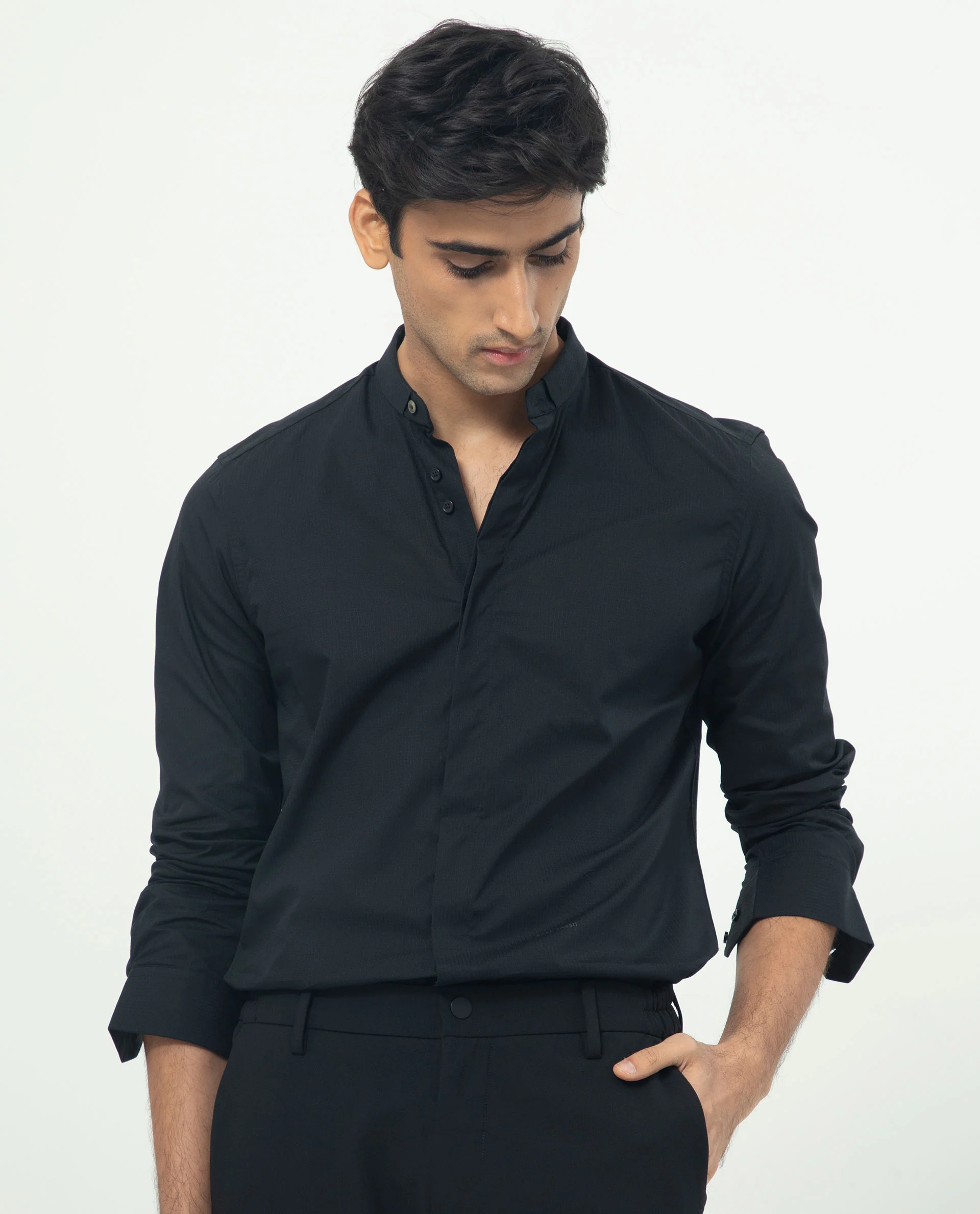 Rare Rabbit Men's Rains Black Cotton Plain Tailored Fit Full Sleeve Mandarin Collar Shirt - Image 3