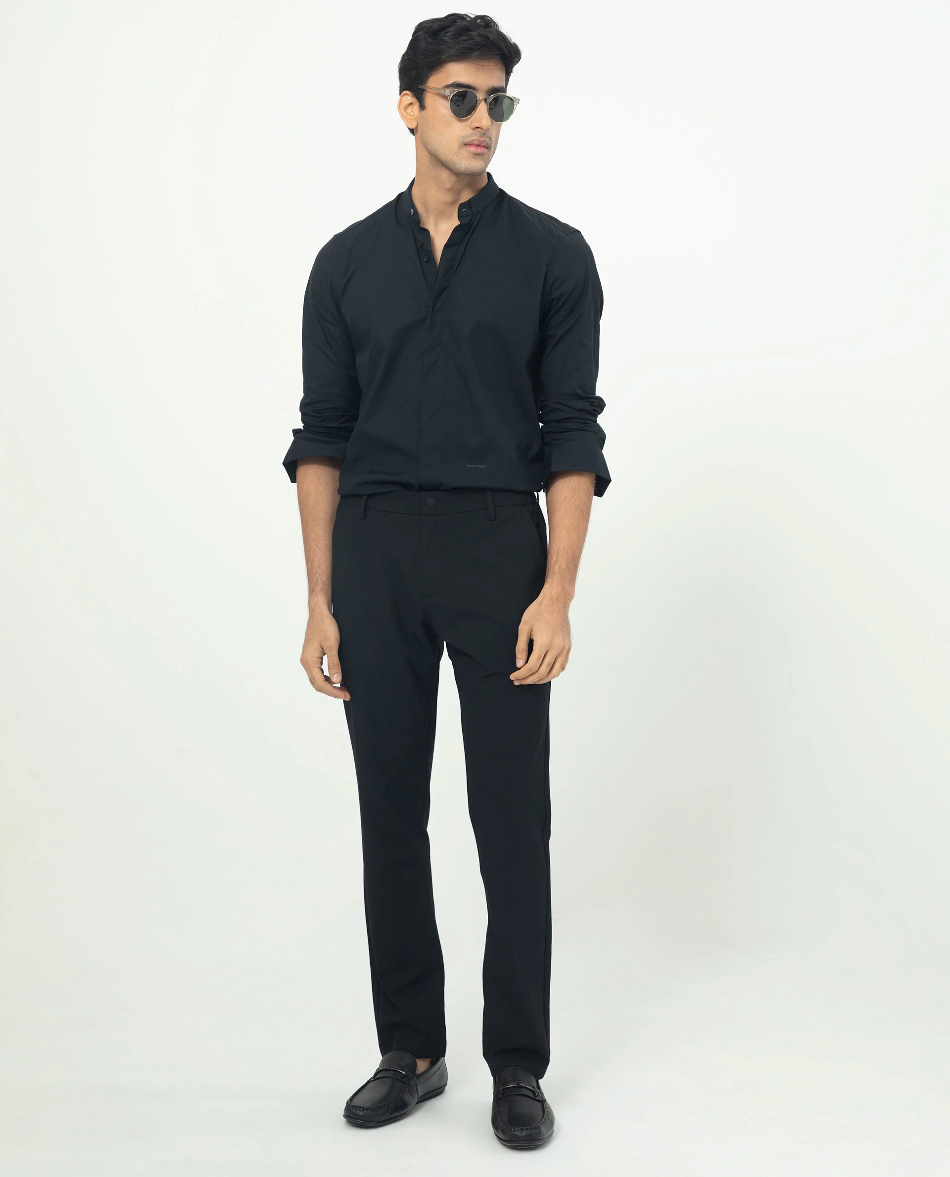 Rare Rabbit Men's Rains Black Cotton Plain Tailored Fit Full Sleeve Mandarin Collar Shirt - Image 6
