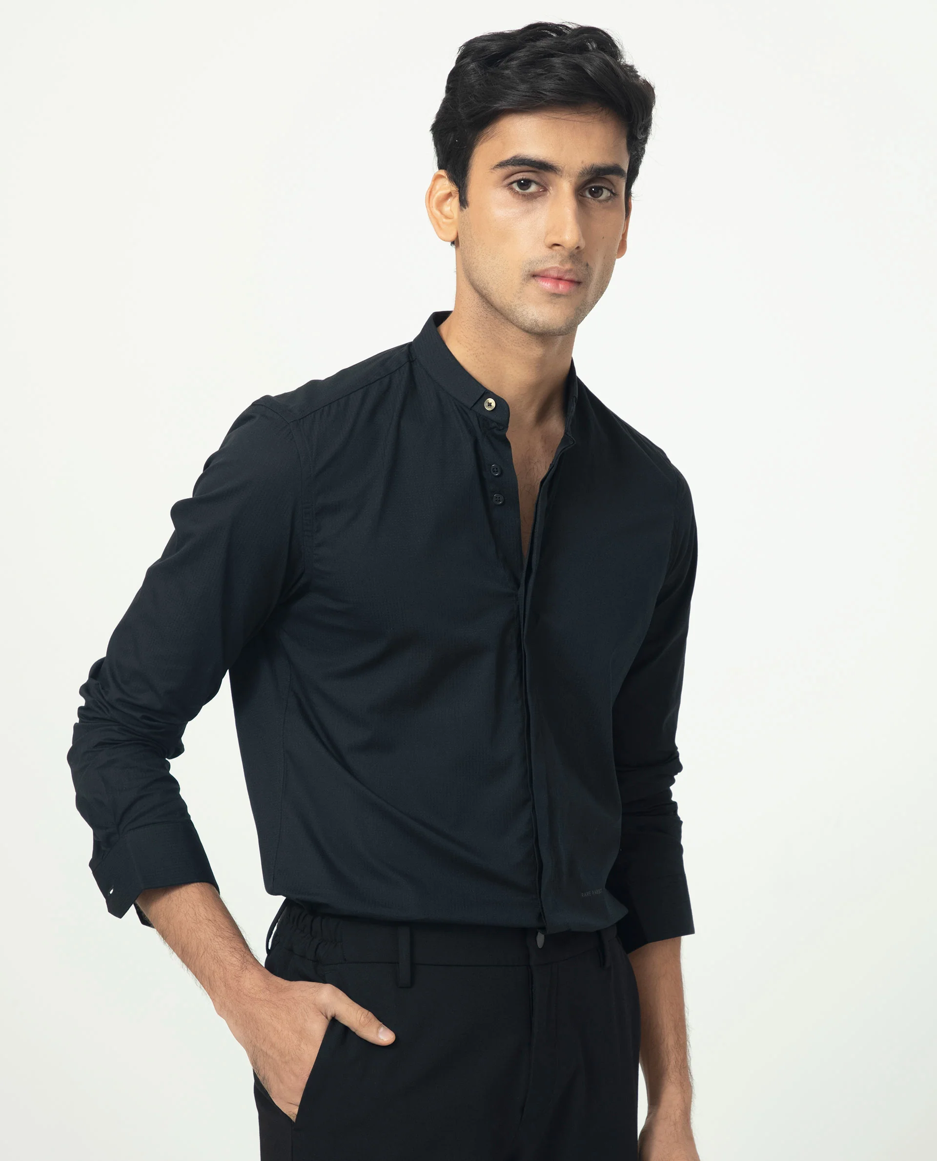Rare Rabbit Men's Rains Black Cotton Plain Tailored Fit Full Sleeve Mandarin Collar Shirt - Image 7