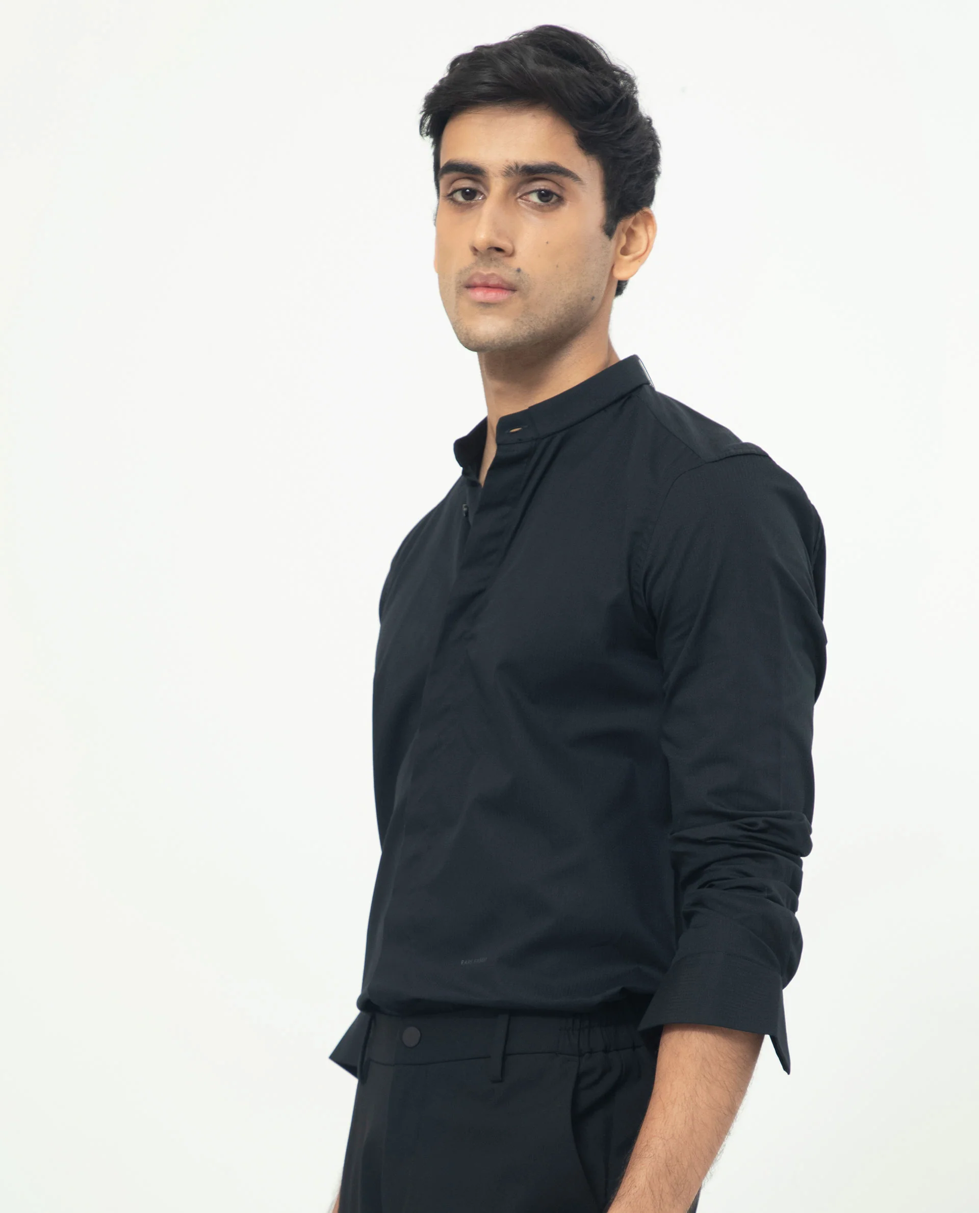 Rare Rabbit Men's Rains Black Cotton Plain Tailored Fit Full Sleeve Mandarin Collar Shirt - Image 8