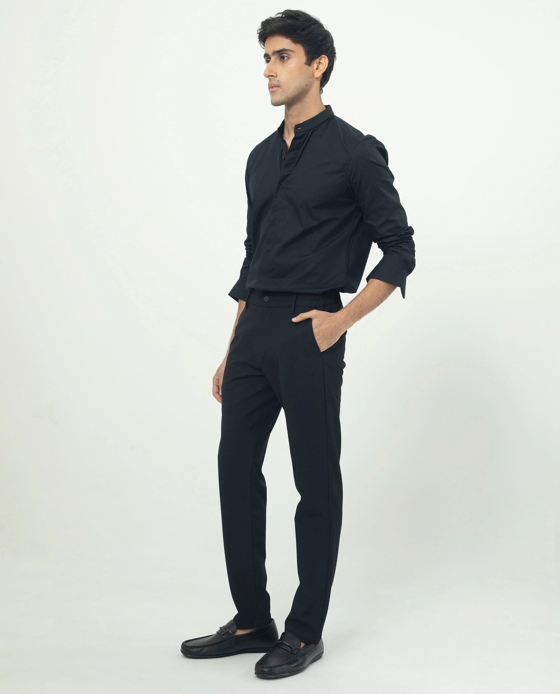 Rare Rabbit Men's Rains Black Cotton Plain Tailored Fit Full Sleeve Mandarin Collar Shirt - Image 9