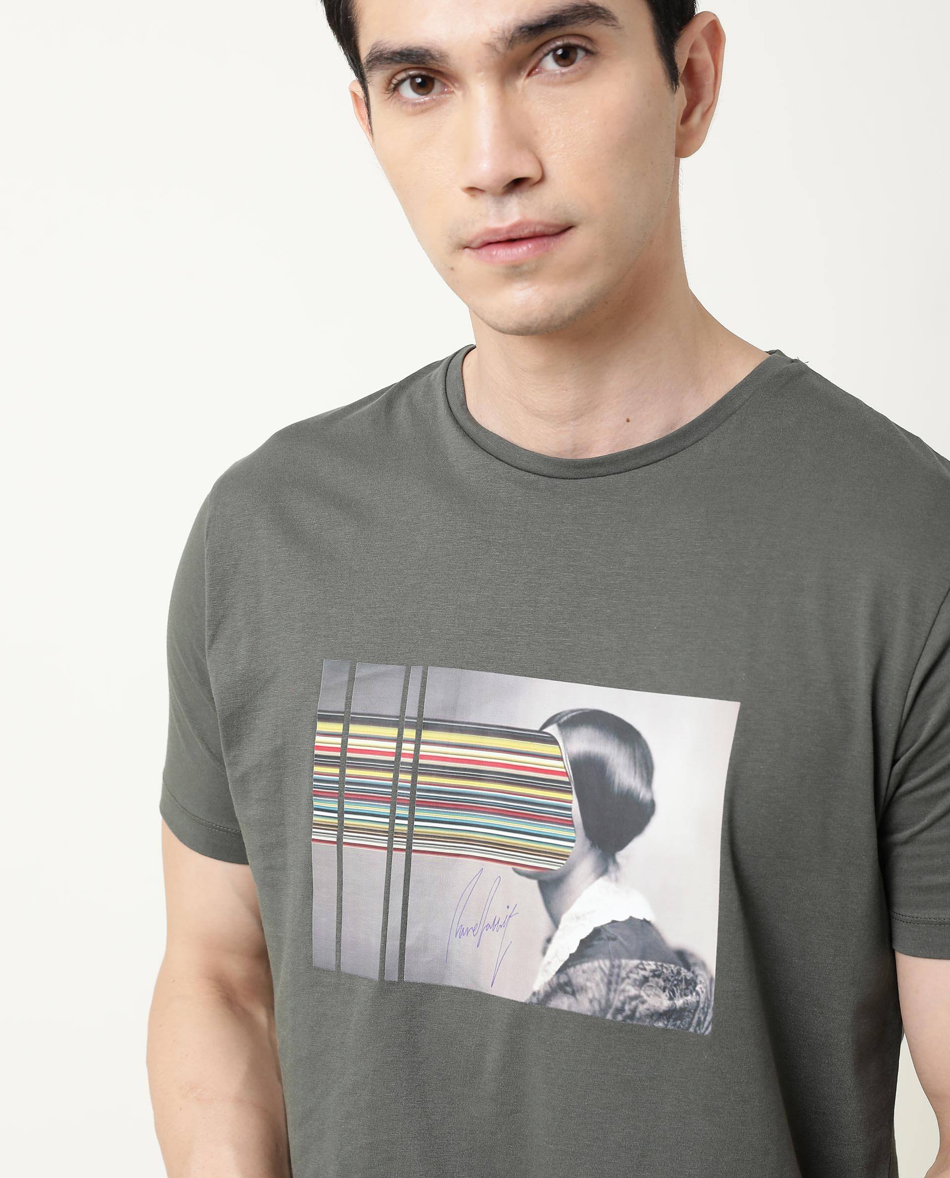 Rare Rabbit Men's Rainy Olive Cotton Graphic Print Slim Fit Half Sleeve Crew Neck T-Shirt - Image 2