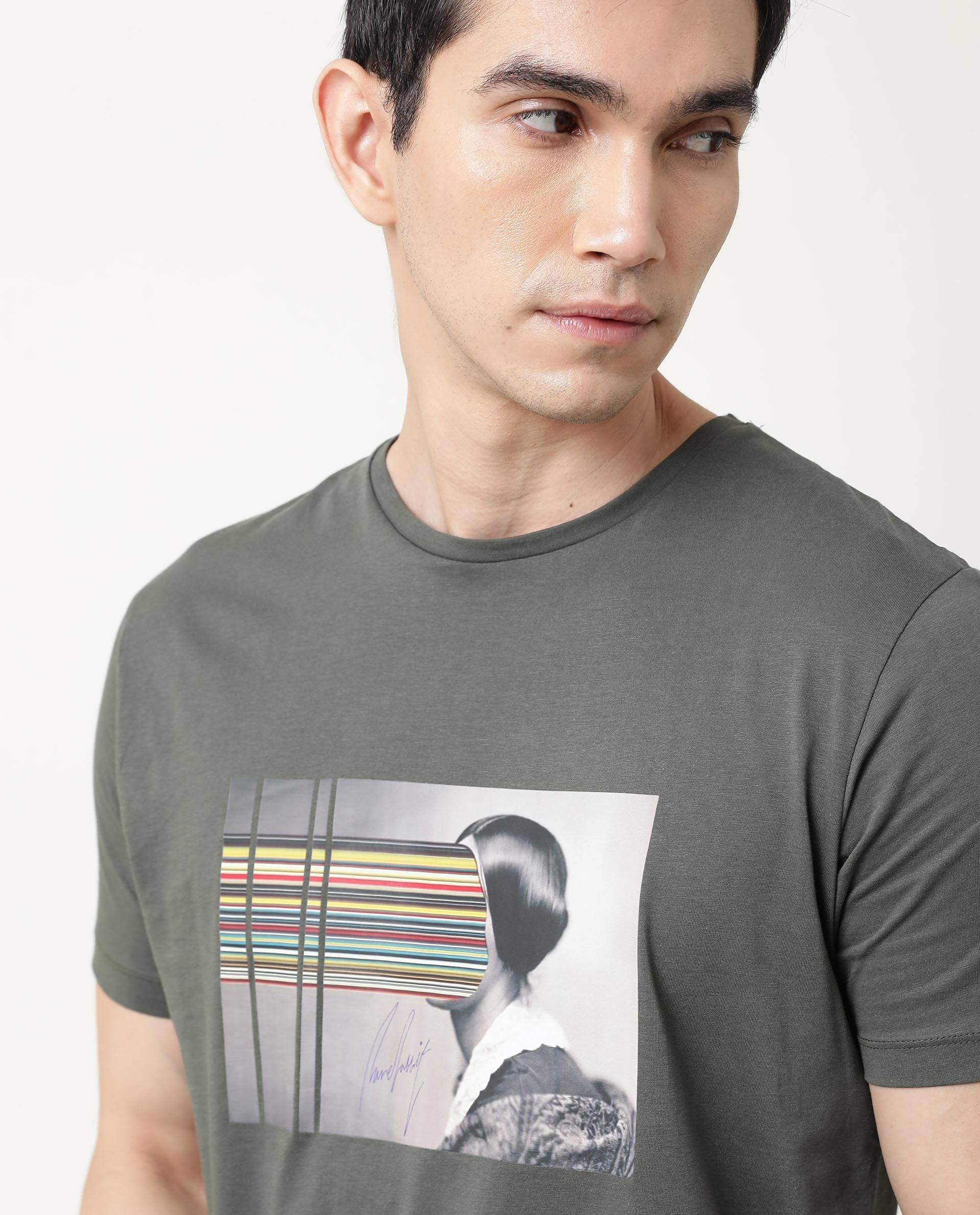 Rare Rabbit Men's Rainy Olive Cotton Graphic Print Slim Fit Half Sleeve Crew Neck T-Shirt - Image 3