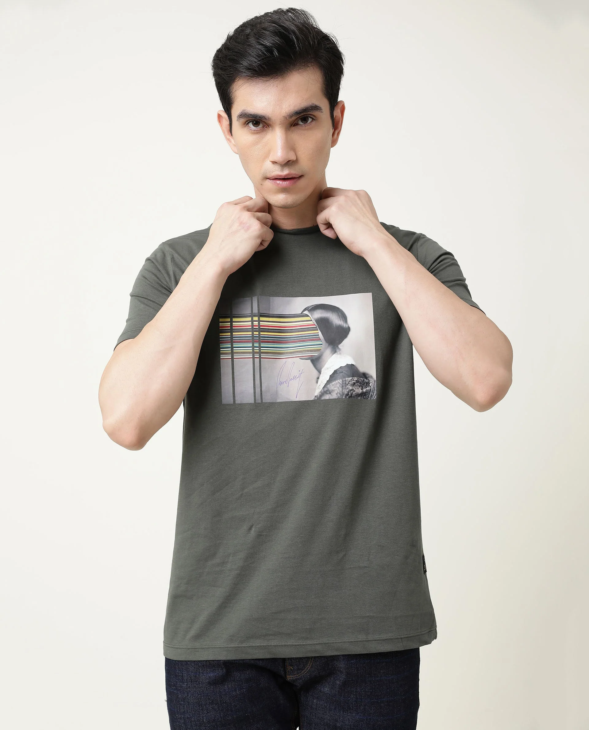 Rare Rabbit Men's Rainy Olive Cotton Graphic Print Slim Fit Half Sleeve Crew Neck T-Shirt - Image 4