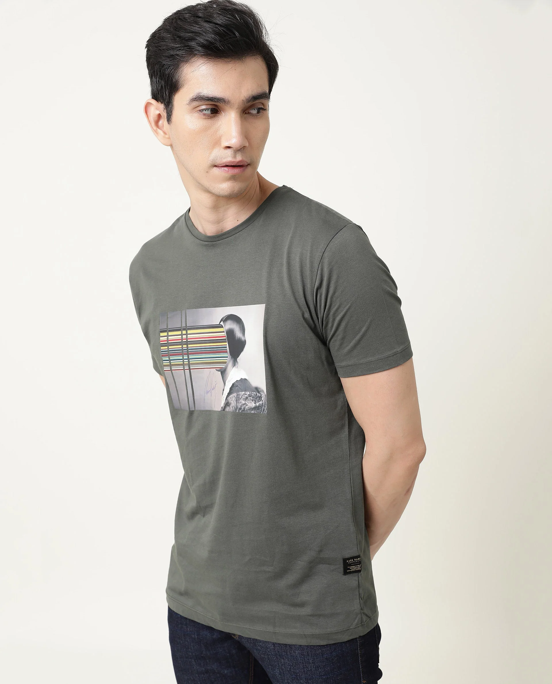 Rare Rabbit Men's Rainy Olive Cotton Graphic Print Slim Fit Half Sleeve Crew Neck T-Shirt - Image 5