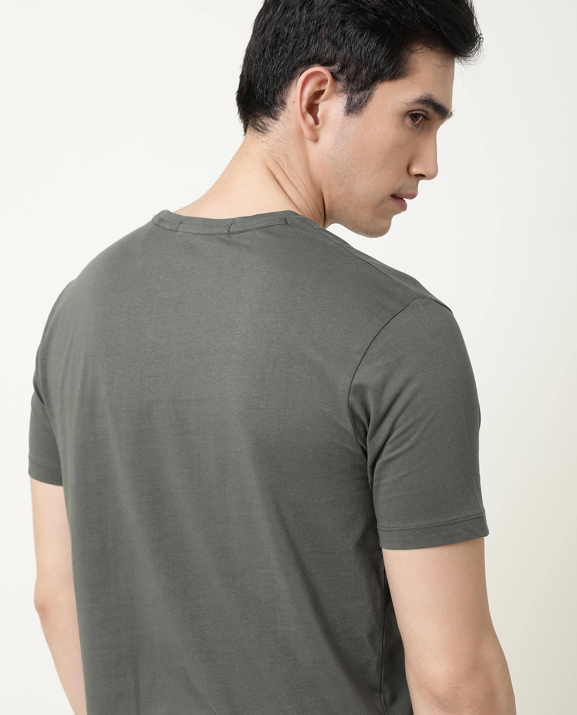 Rare Rabbit Men's Rainy Olive Cotton Graphic Print Slim Fit Half Sleeve Crew Neck T-Shirt - Image 7