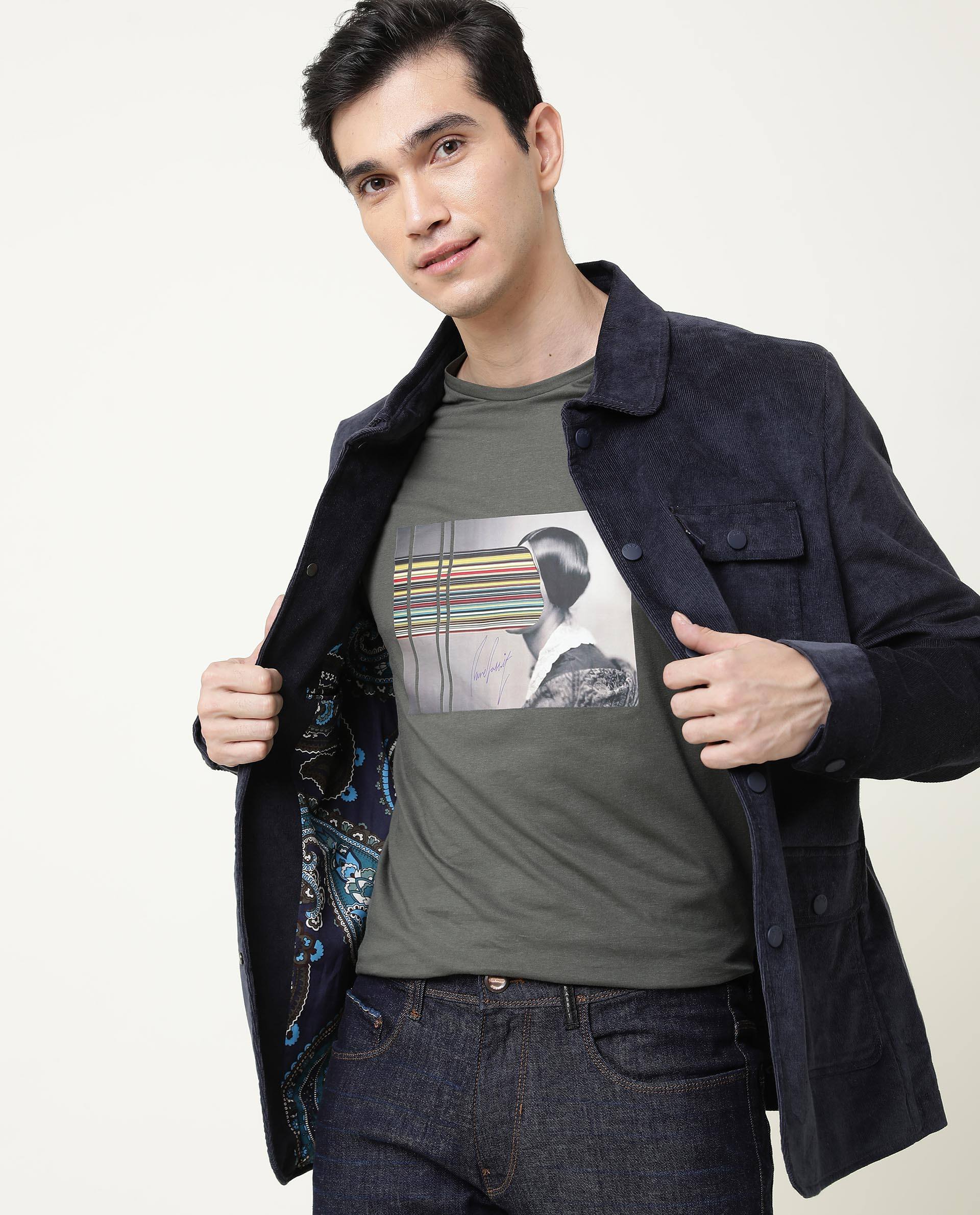 Rare Rabbit Men's Rainy Olive Cotton Graphic Print Slim Fit Half Sleeve Crew Neck T-Shirt - Image 8