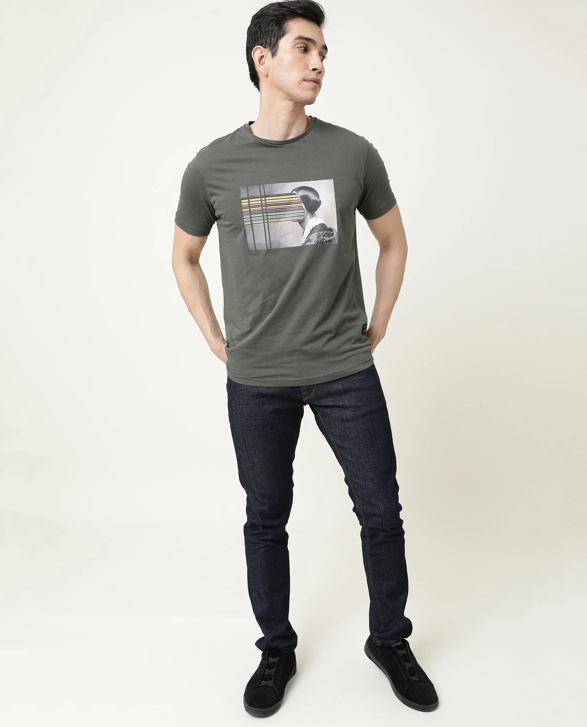 Rare Rabbit Men's Rainy Olive Cotton Graphic Print Slim Fit Half Sleeve Crew Neck T-Shirt - Image 9