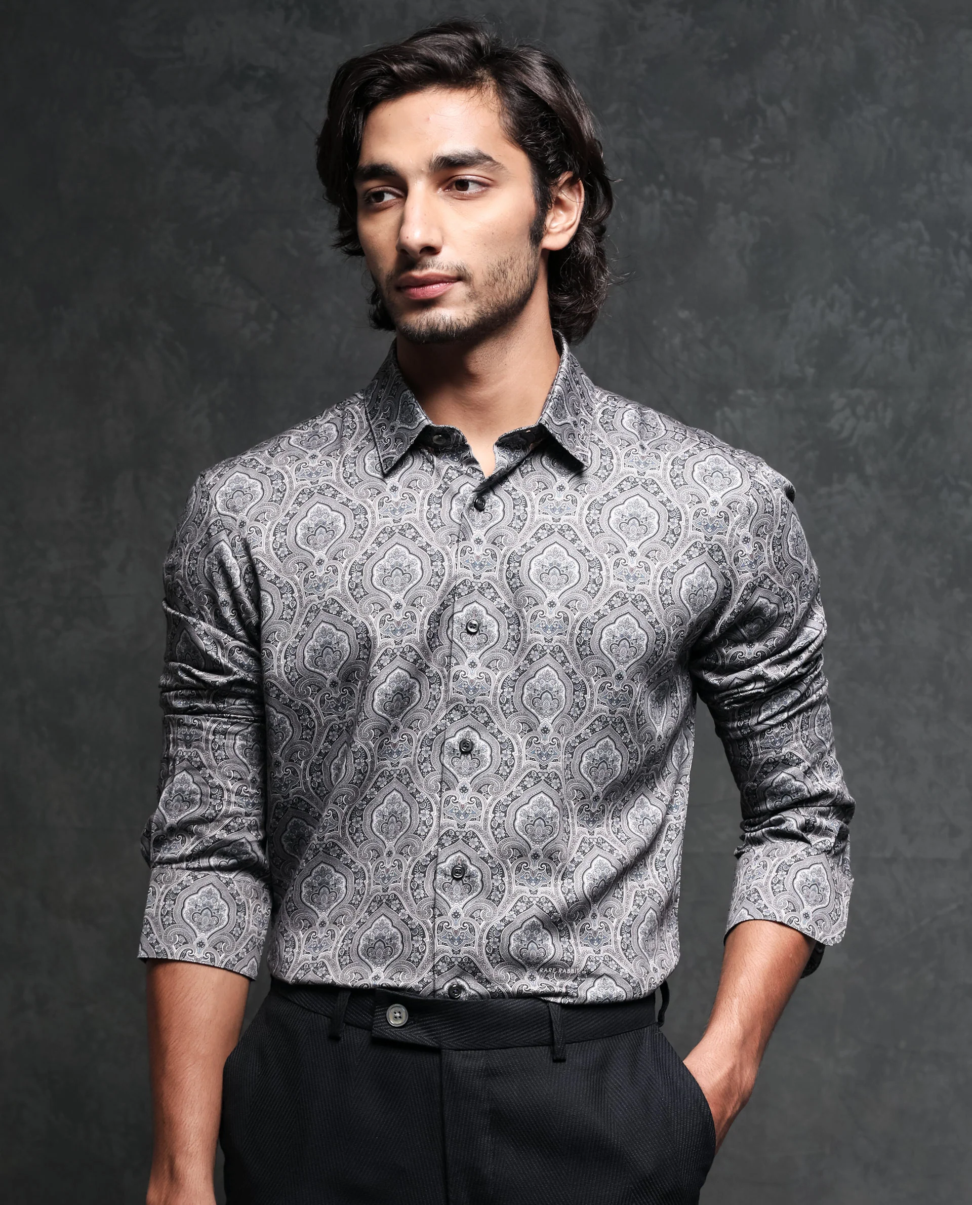 Rare Rabbit Men's Raja Black Cotton Paisley Print Regular Fit Full Sleeve Collared Shirt