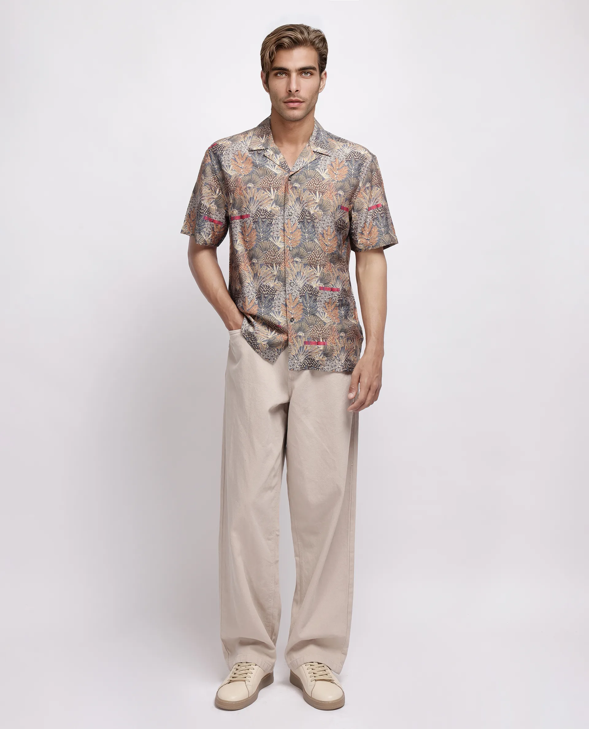 Rare Rabbit Men's Rake Light Olive Viscose Blend Tropical Print Boxy Fit Half Sleeve Cuban Collar Shirt - Image 2