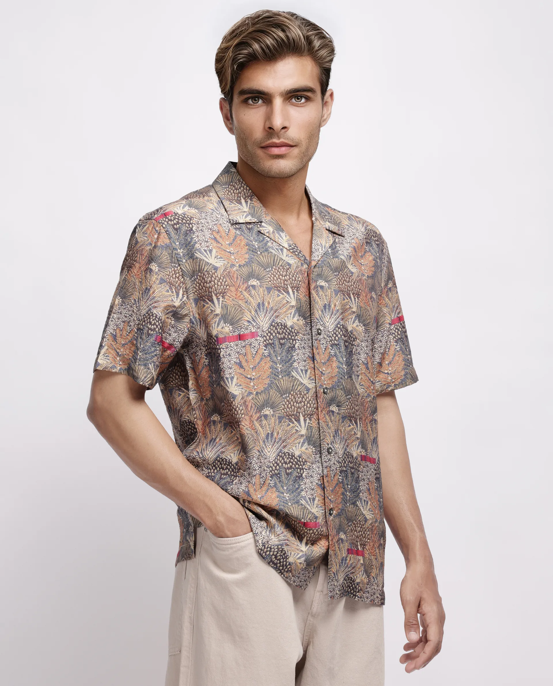 Rare Rabbit Men's Rake Light Olive Viscose Blend Tropical Print Boxy Fit Half Sleeve Cuban Collar Shirt - Image 5