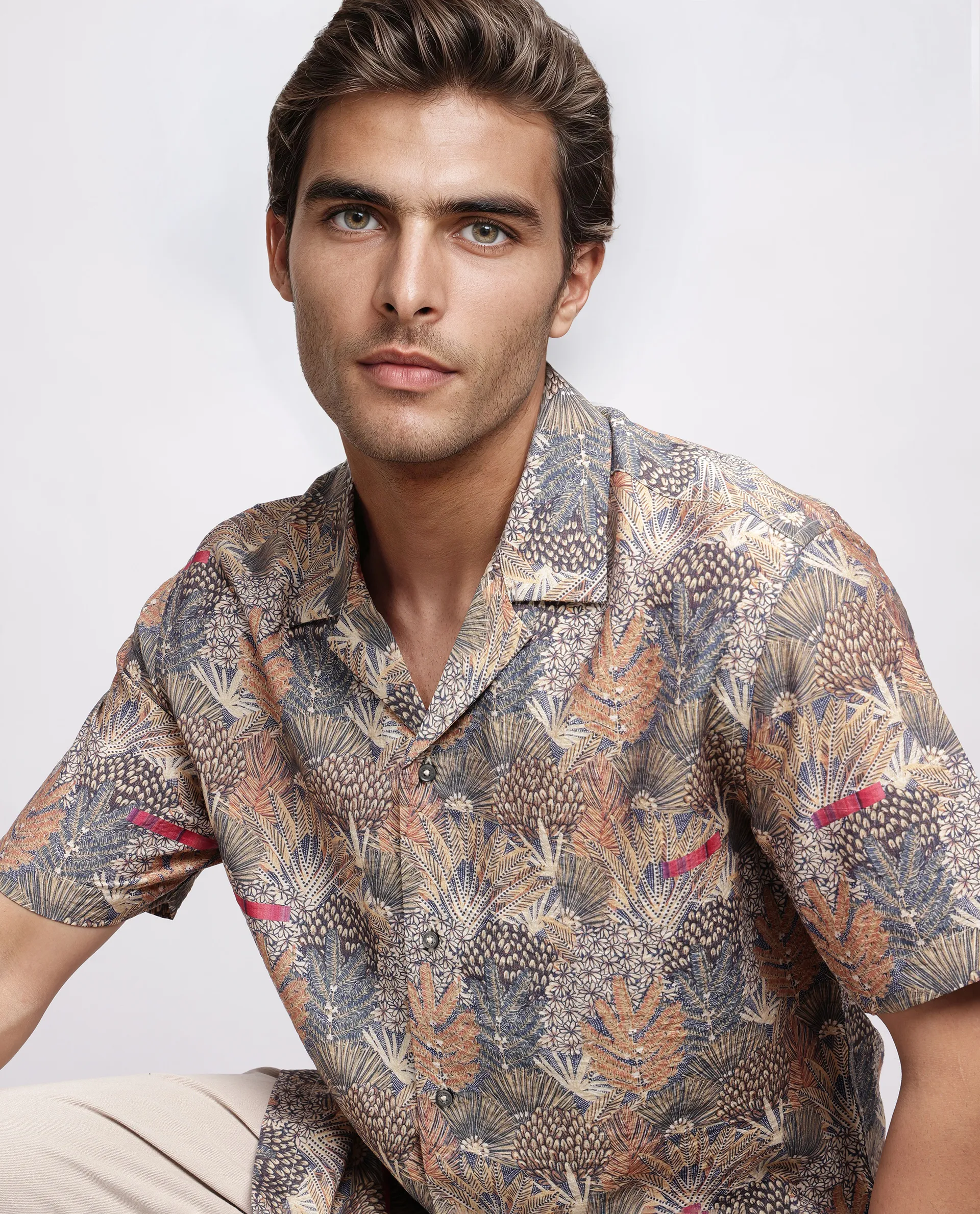 Rare Rabbit Men's Rake Light Olive Viscose Blend Tropical Print Boxy Fit Half Sleeve Cuban Collar Shirt - Image 7