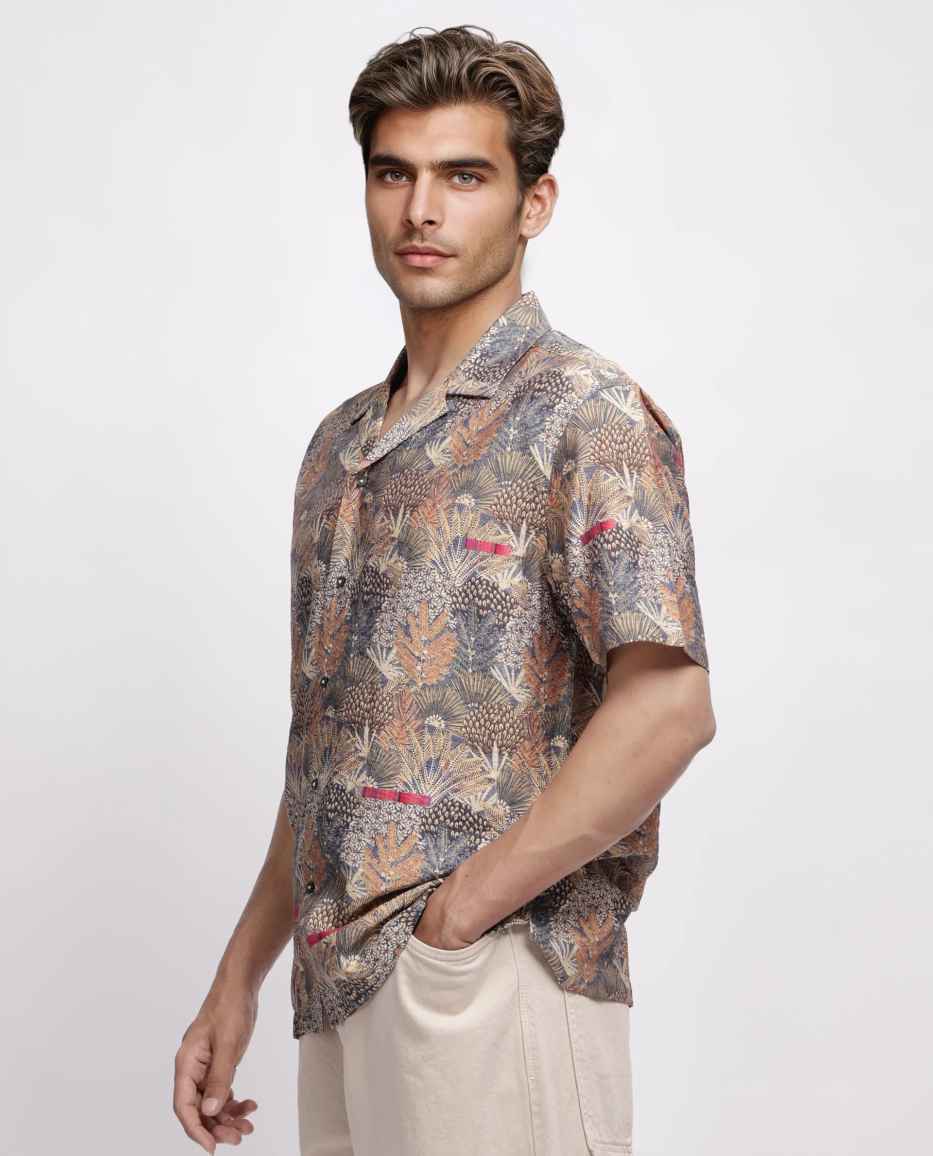 Rare Rabbit Men's Rake Light Olive Viscose Blend Tropical Print Boxy Fit Half Sleeve Cuban Collar Shirt - Image 8