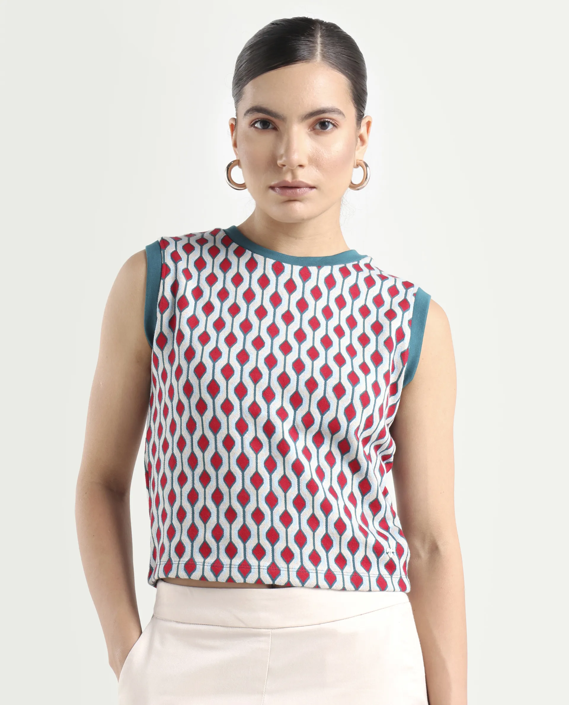 Rareism Women's Rako Multi Cotton Crew Neck Geometric Print Sleeveless Slim Fit Top - Image 3