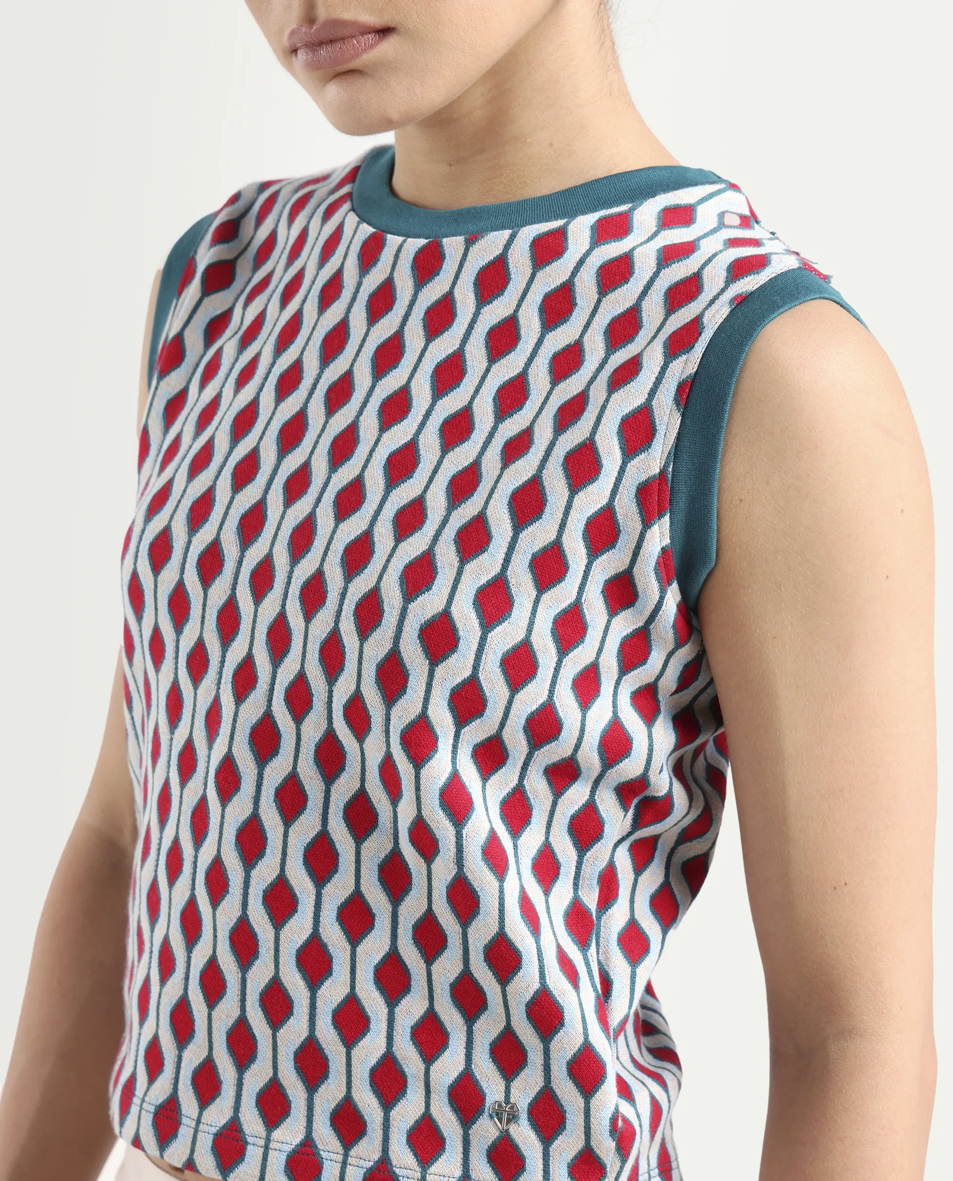 Rareism Women's Rako Multi Cotton Crew Neck Geometric Print Sleeveless Slim Fit Top - Image 4