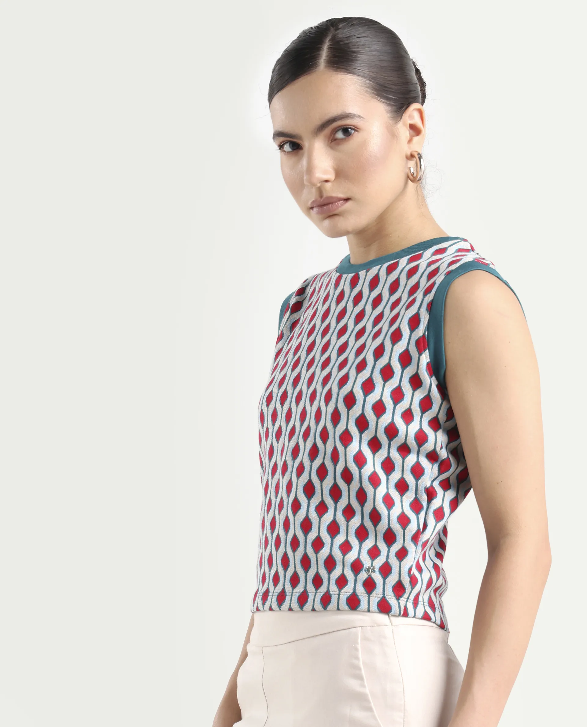 Rareism Women's Rako Multi Cotton Crew Neck Geometric Print Sleeveless Slim Fit Top - Image 5