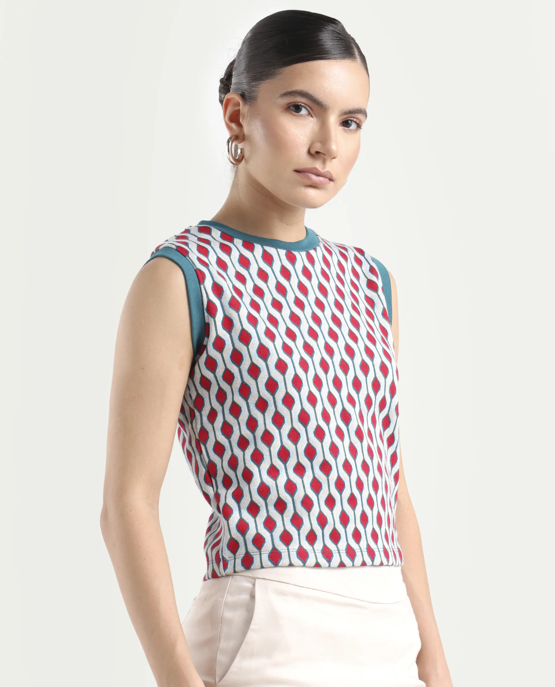 Rareism Women's Rako Multi Cotton Crew Neck Geometric Print Sleeveless Slim Fit Top - Image 6