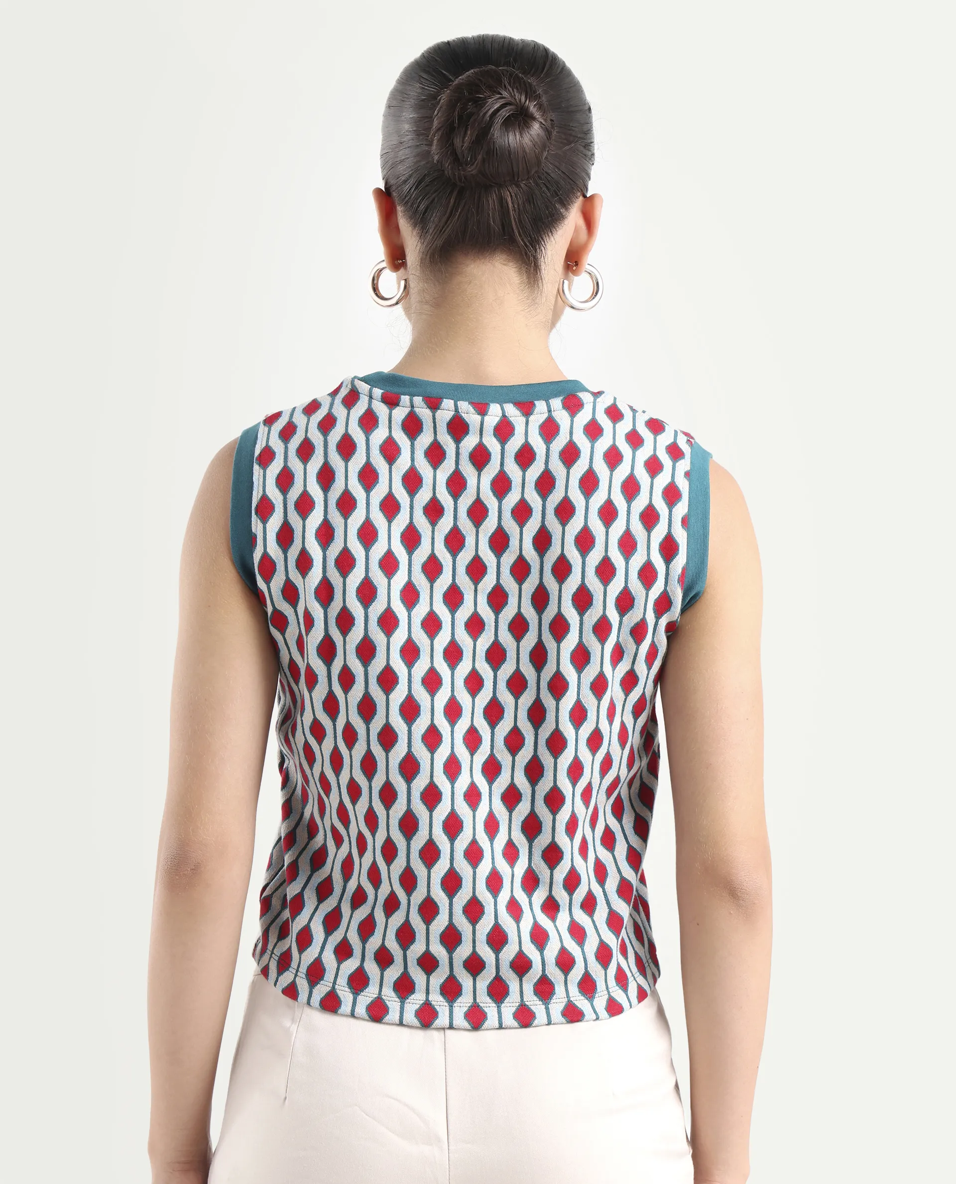 Rareism Women's Rako Multi Cotton Crew Neck Geometric Print Sleeveless Slim Fit Top - Image 7