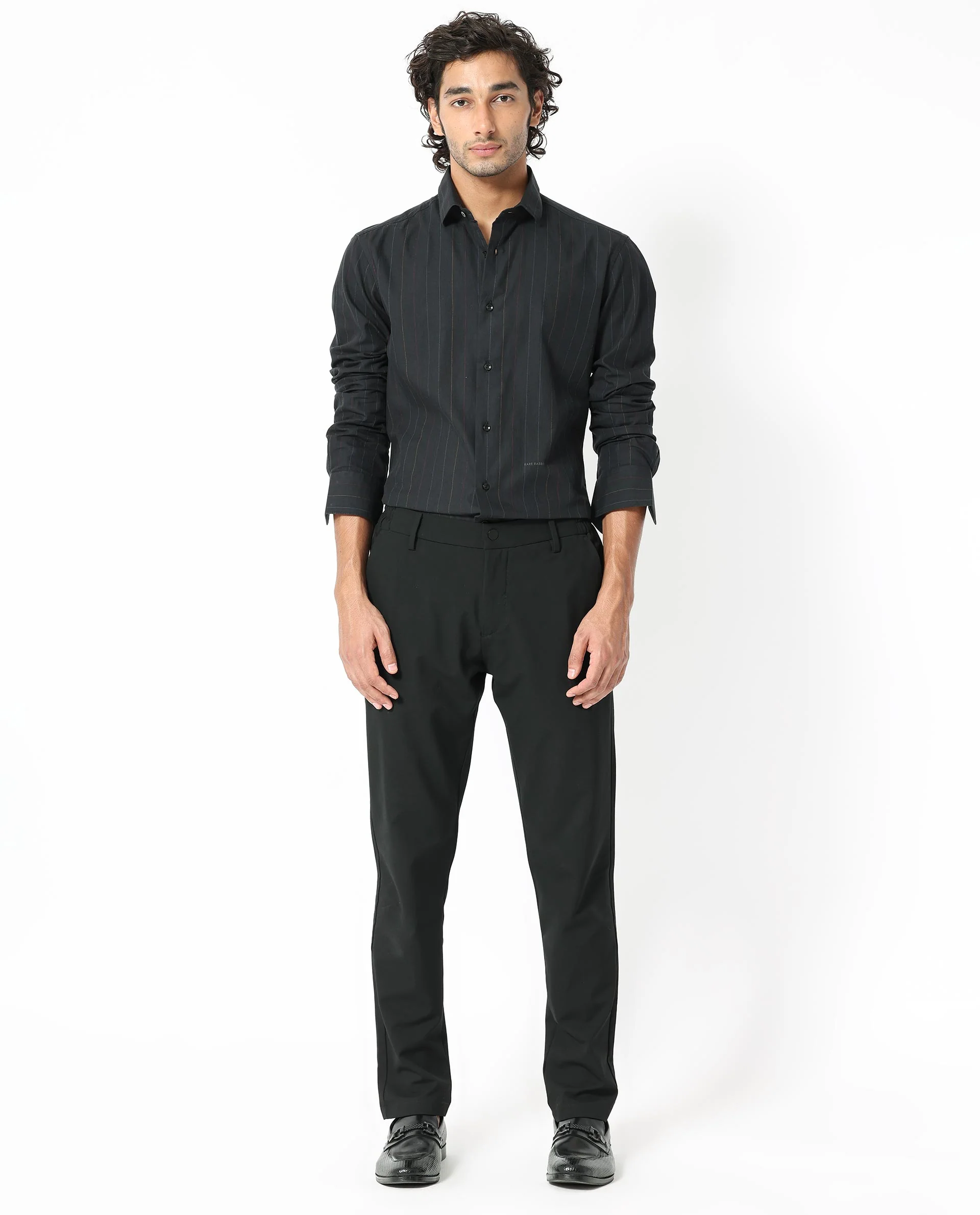 Rare Rabbit Men's Rakon Black Cotton Striped Print Regular Fit Full Sleeve Collared Shirt - Image 2