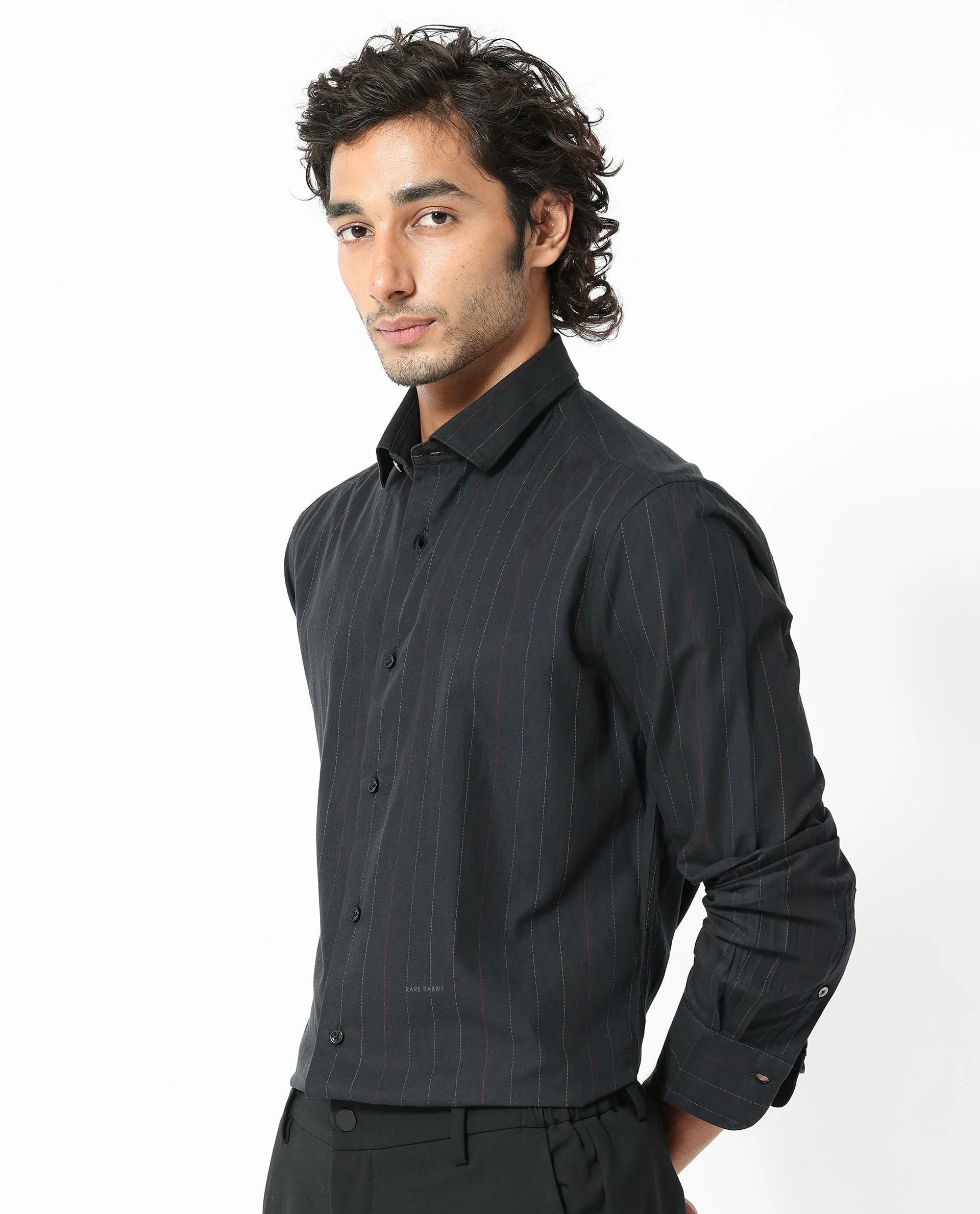 Rare Rabbit Men's Rakon Black Cotton Striped Print Regular Fit Full Sleeve Collared Shirt - Image 3