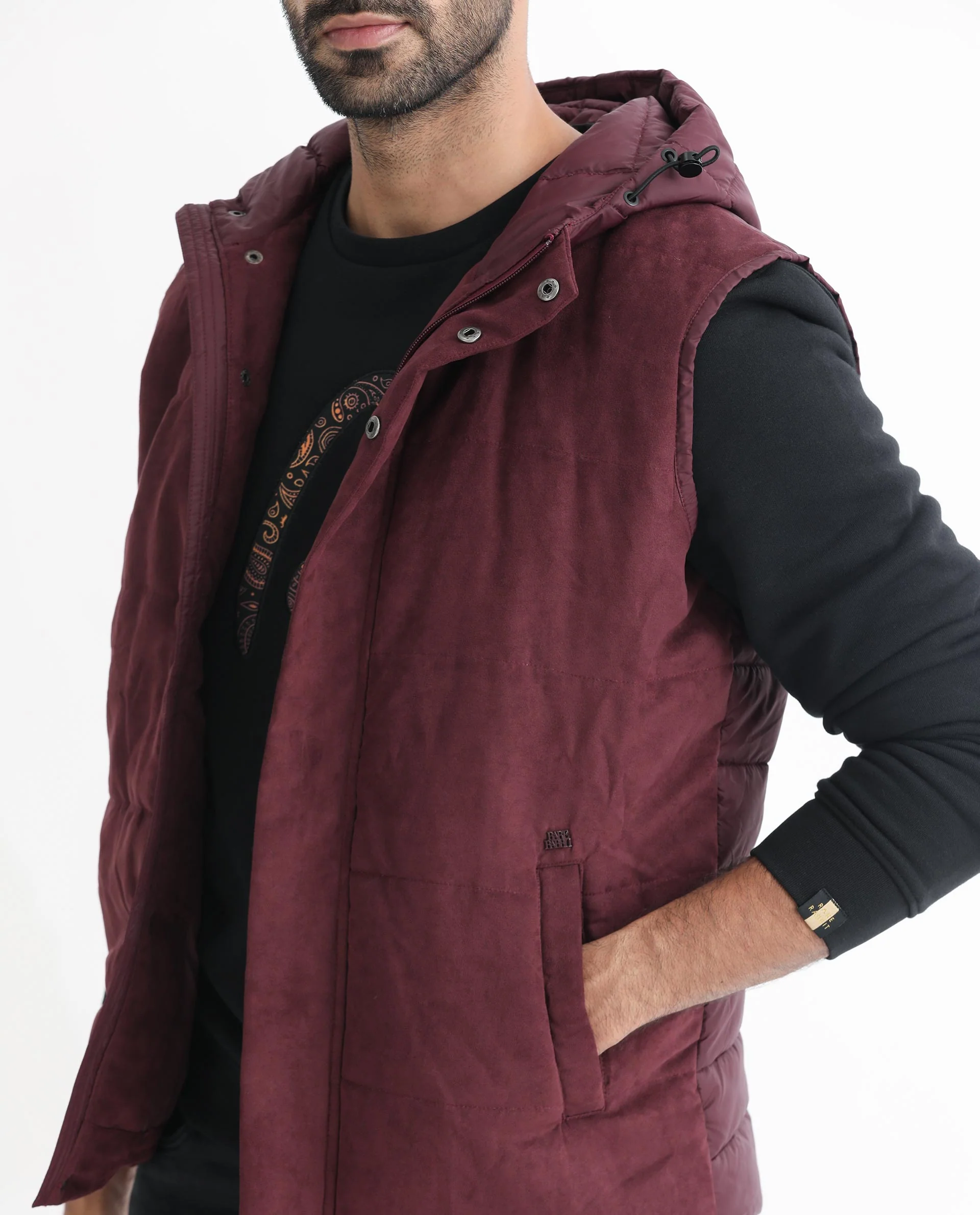 Rare Rabbit Men's Rald Maroon Suede Plain Regular Fit Sleeveless Hooded Jacket - Image 2