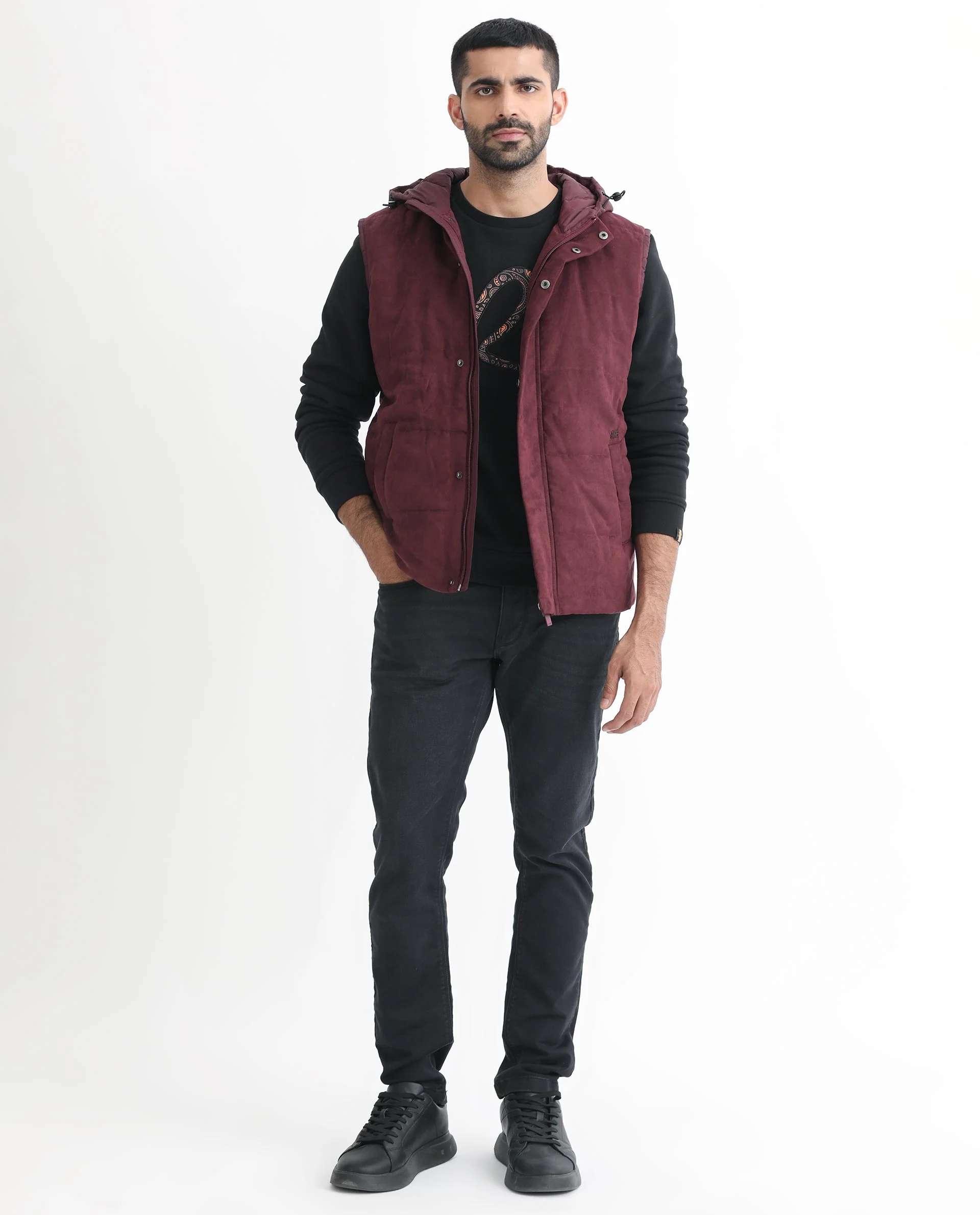 Rare Rabbit Men's Rald Maroon Suede Plain Regular Fit Sleeveless Hooded Jacket - Image 3