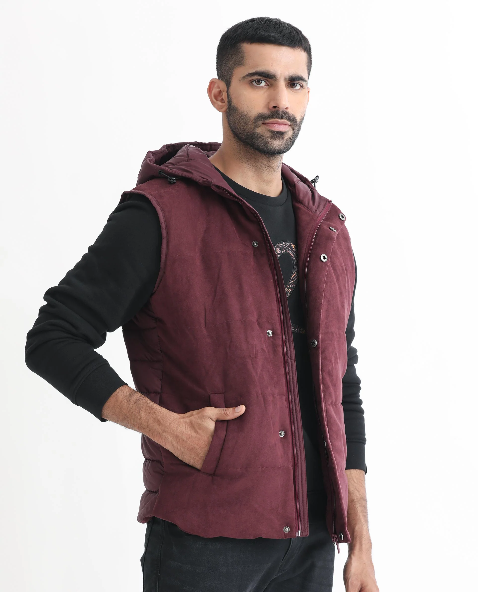 Rare Rabbit Men's Rald Maroon Suede Plain Regular Fit Sleeveless Hooded Jacket - Image 4