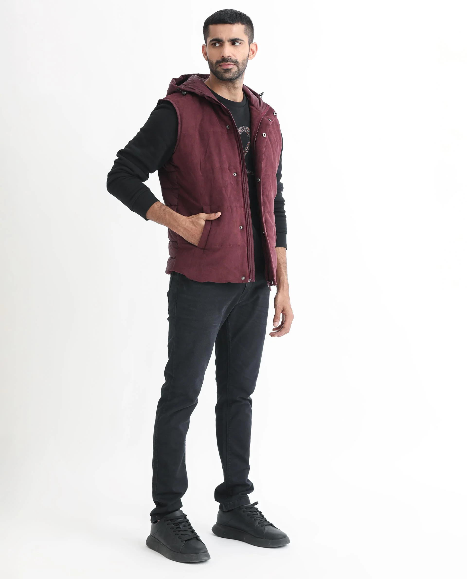 Rare Rabbit Men's Rald Maroon Suede Plain Regular Fit Sleeveless Hooded Jacket - Image 5