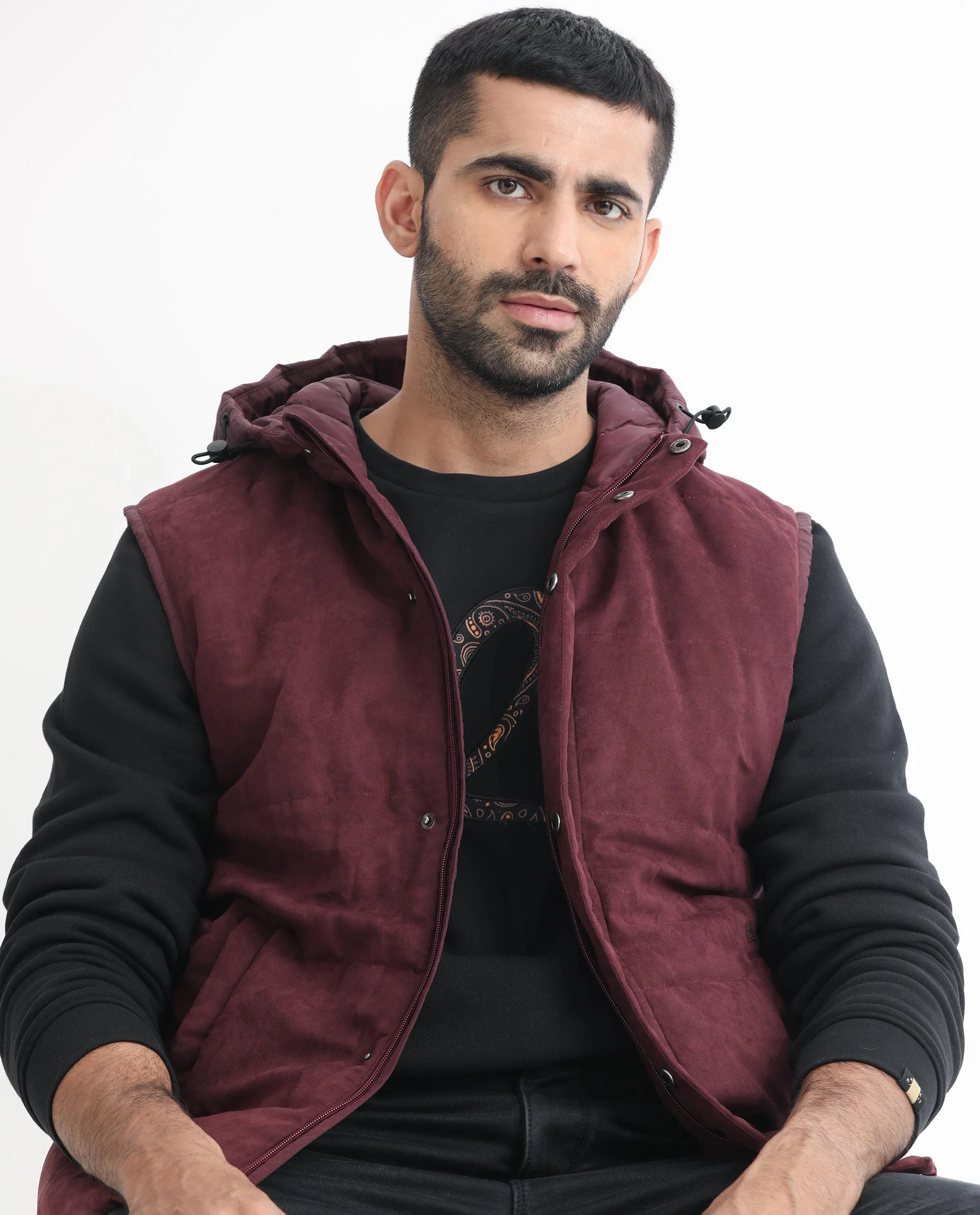 Rare Rabbit Men's Rald Maroon Suede Plain Regular Fit Sleeveless Hooded Jacket - Image 6