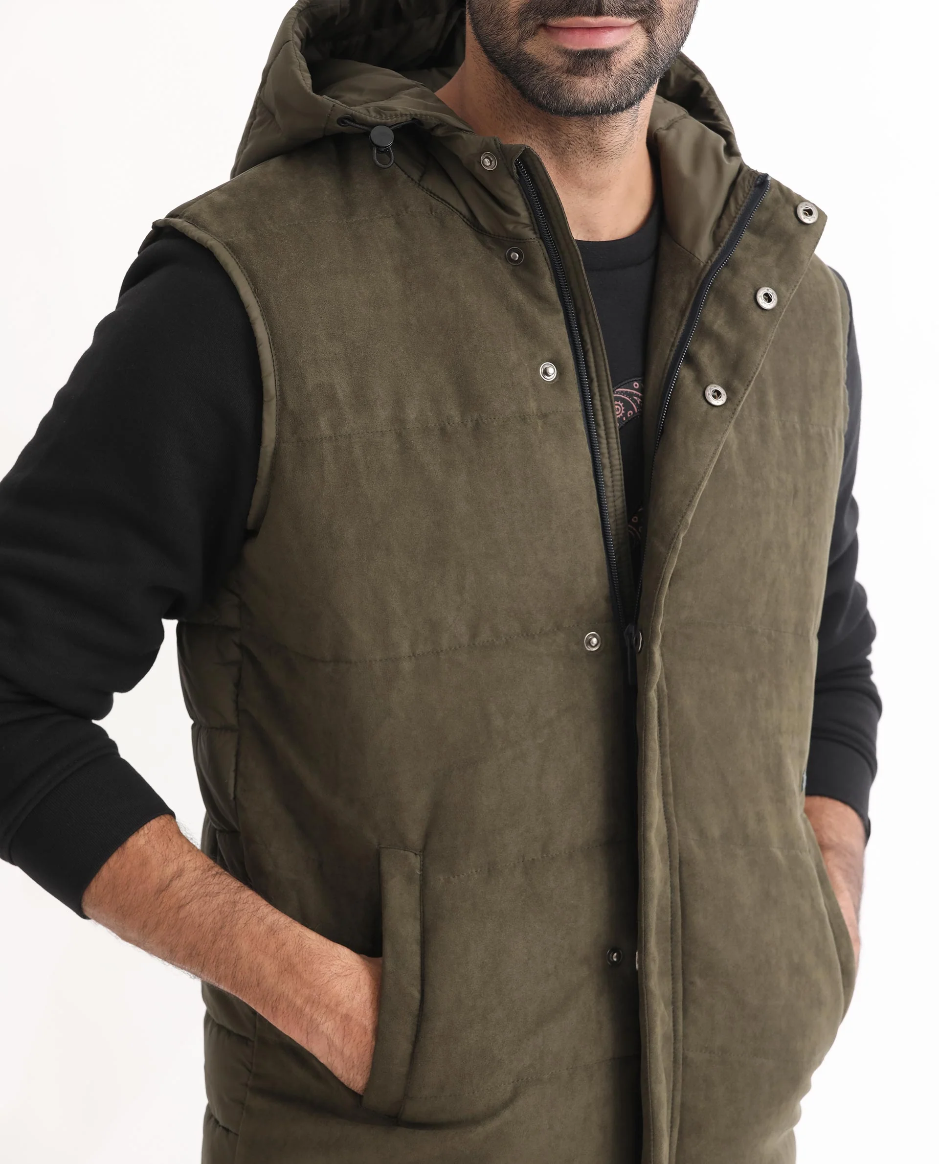 Rare Rabbit Men's Rald Olive Suede Plain Regular Fit Sleeveless Hooded Jacket - Image 2