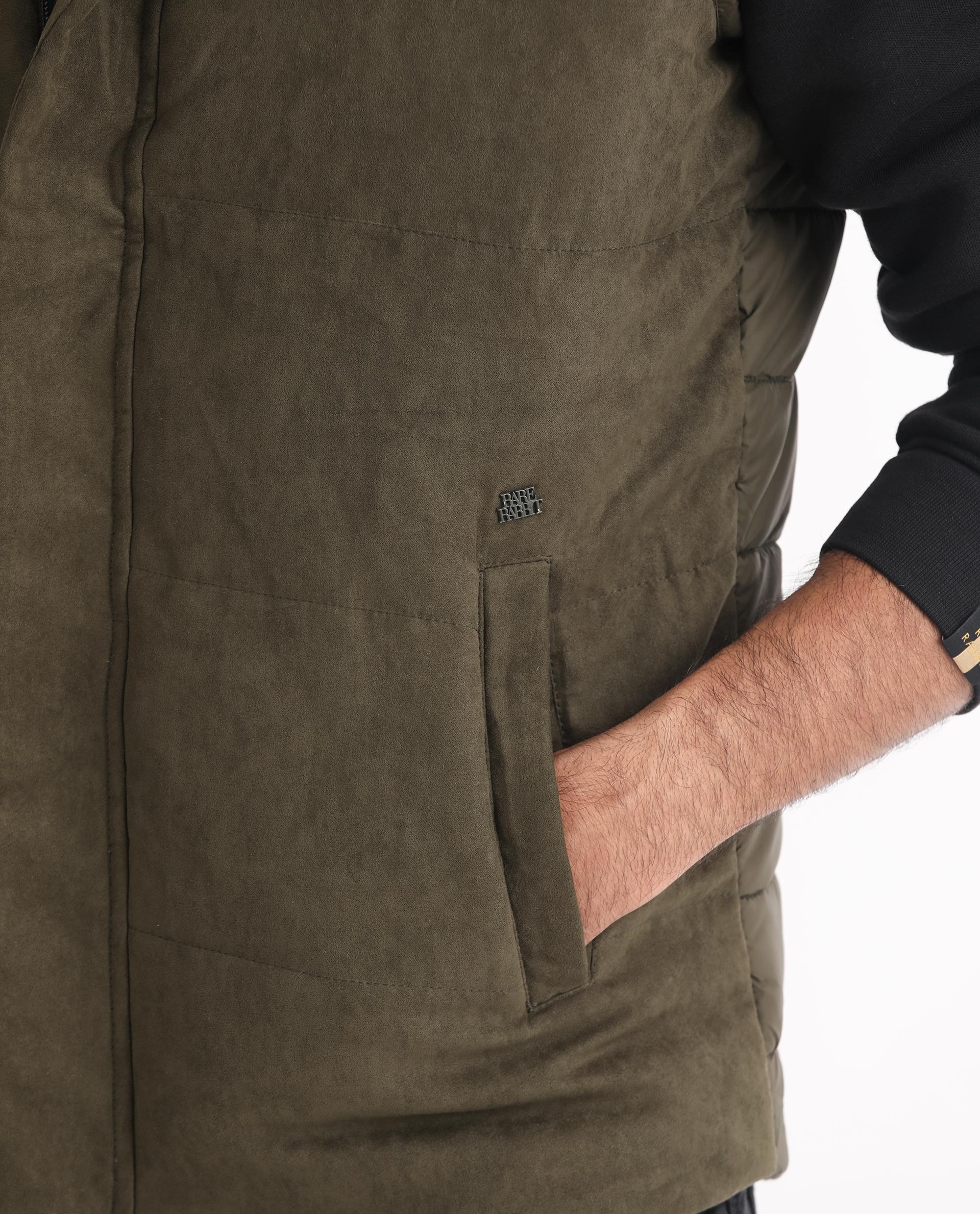 Rare Rabbit Men's Rald Olive Suede Plain Regular Fit Sleeveless Hooded Jacket - Image 3
