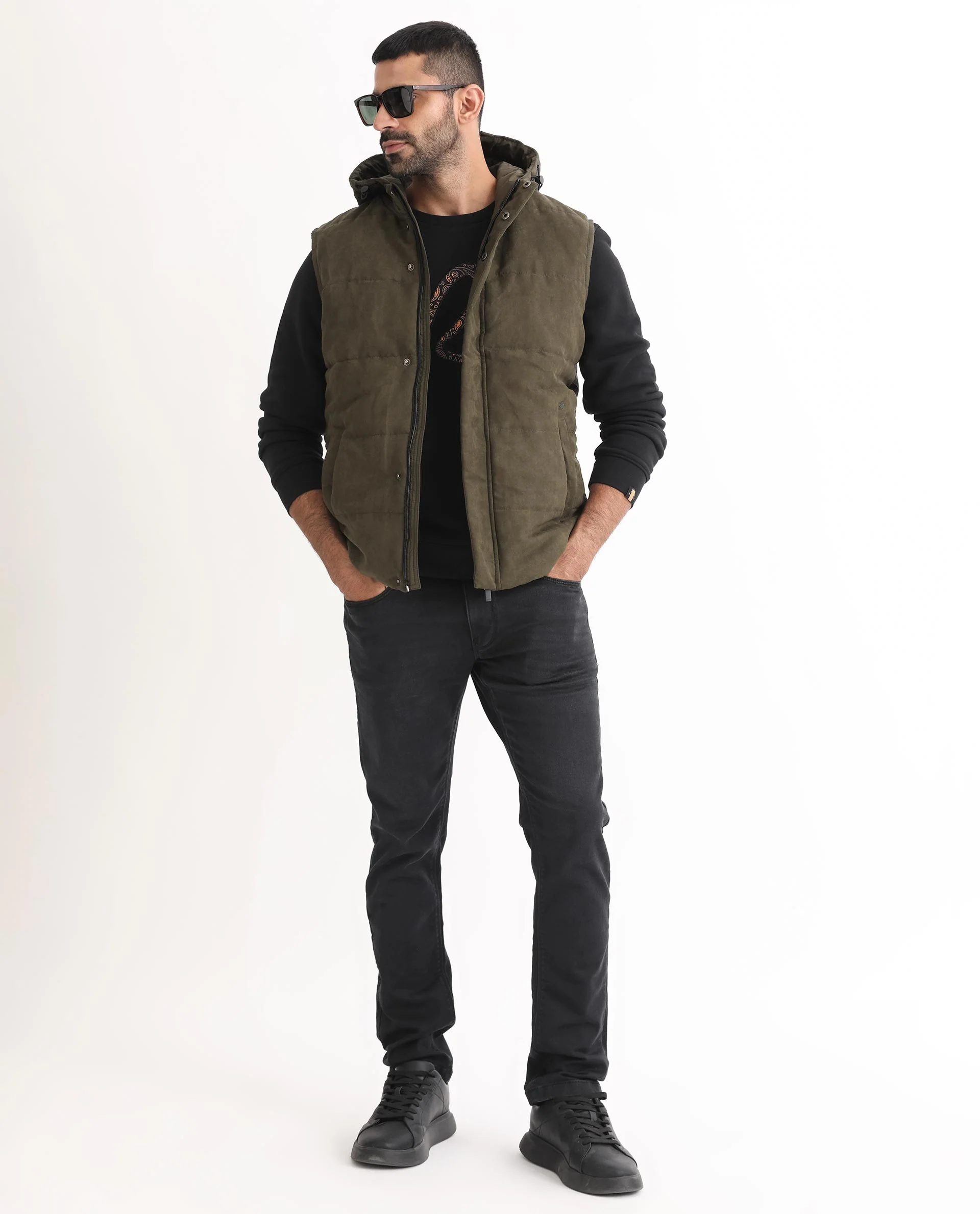 Rare Rabbit Men's Rald Olive Suede Plain Regular Fit Sleeveless Hooded Jacket - Image 4