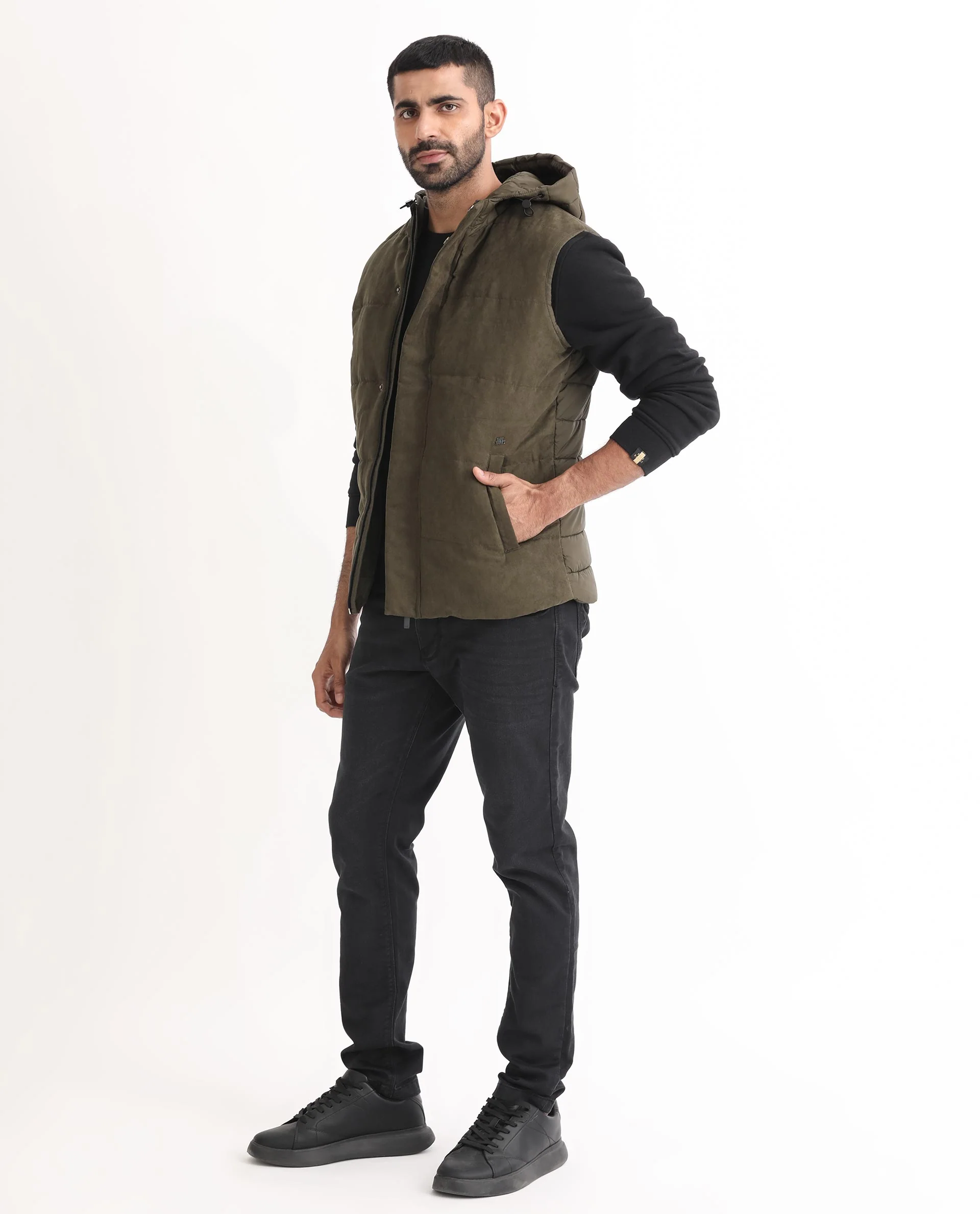 Rare Rabbit Men's Rald Olive Suede Plain Regular Fit Sleeveless Hooded Jacket - Image 5