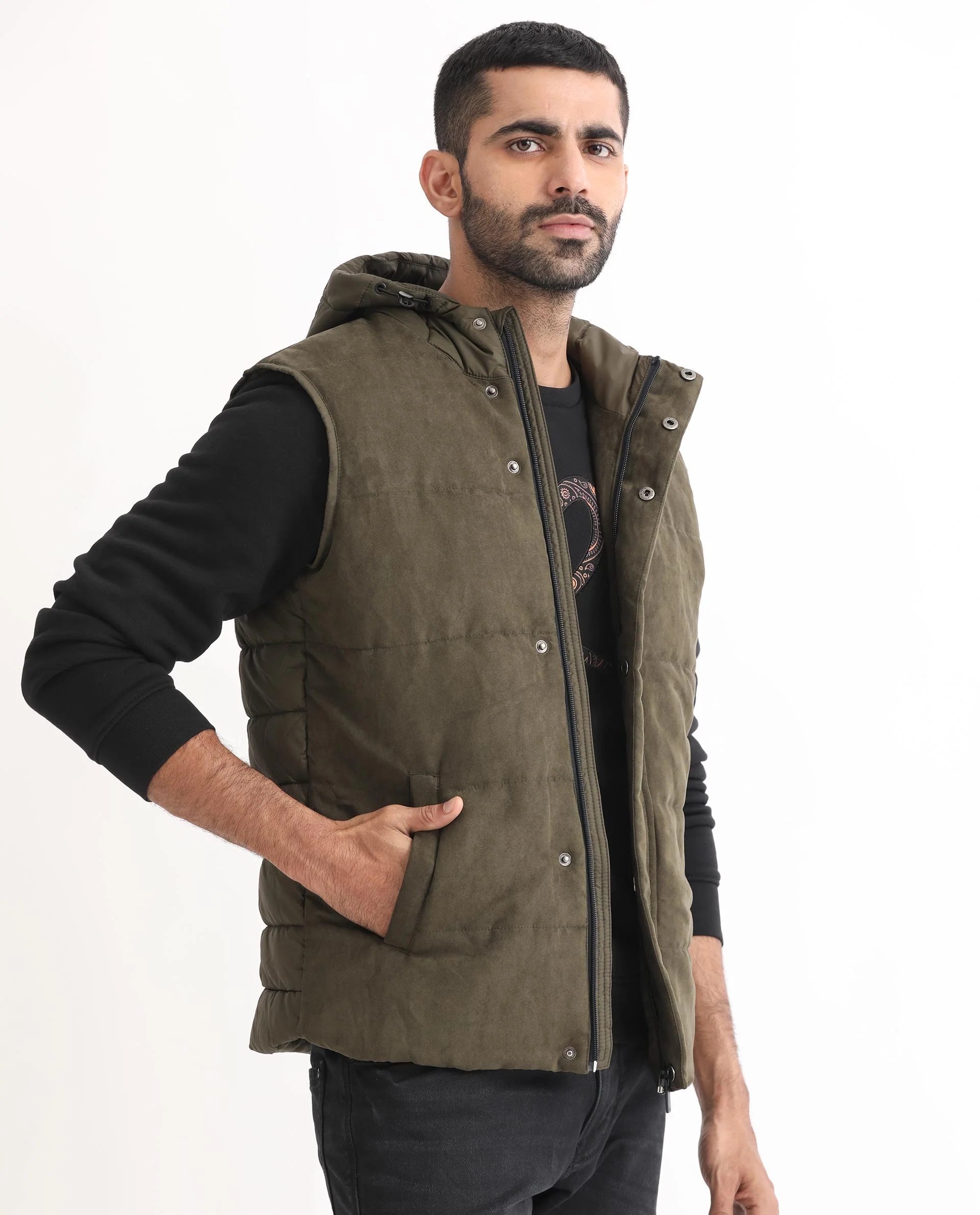 Rare Rabbit Men's Rald Olive Suede Plain Regular Fit Sleeveless Hooded Jacket - Image 6