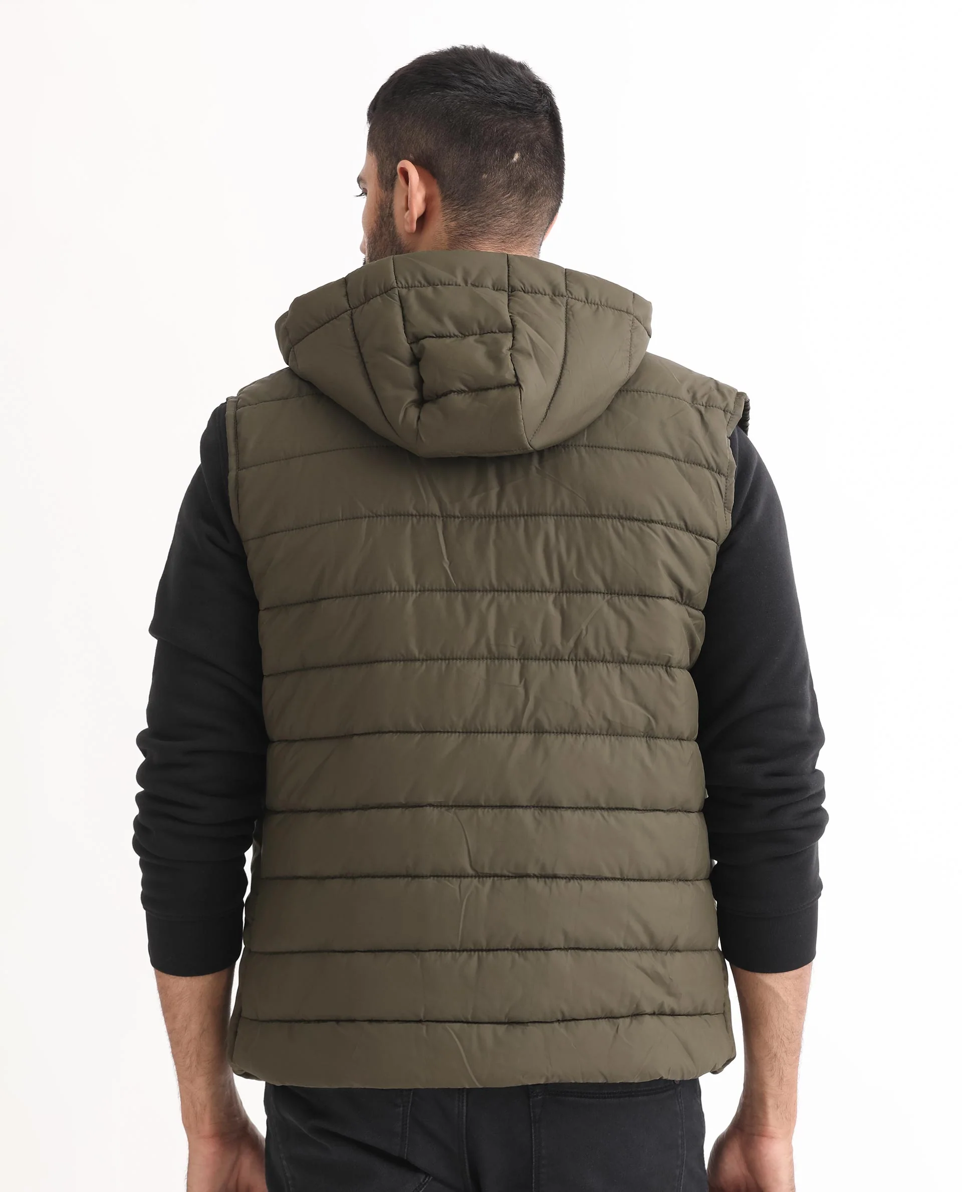 Rare Rabbit Men's Rald Olive Suede Plain Regular Fit Sleeveless Hooded Jacket - Image 7