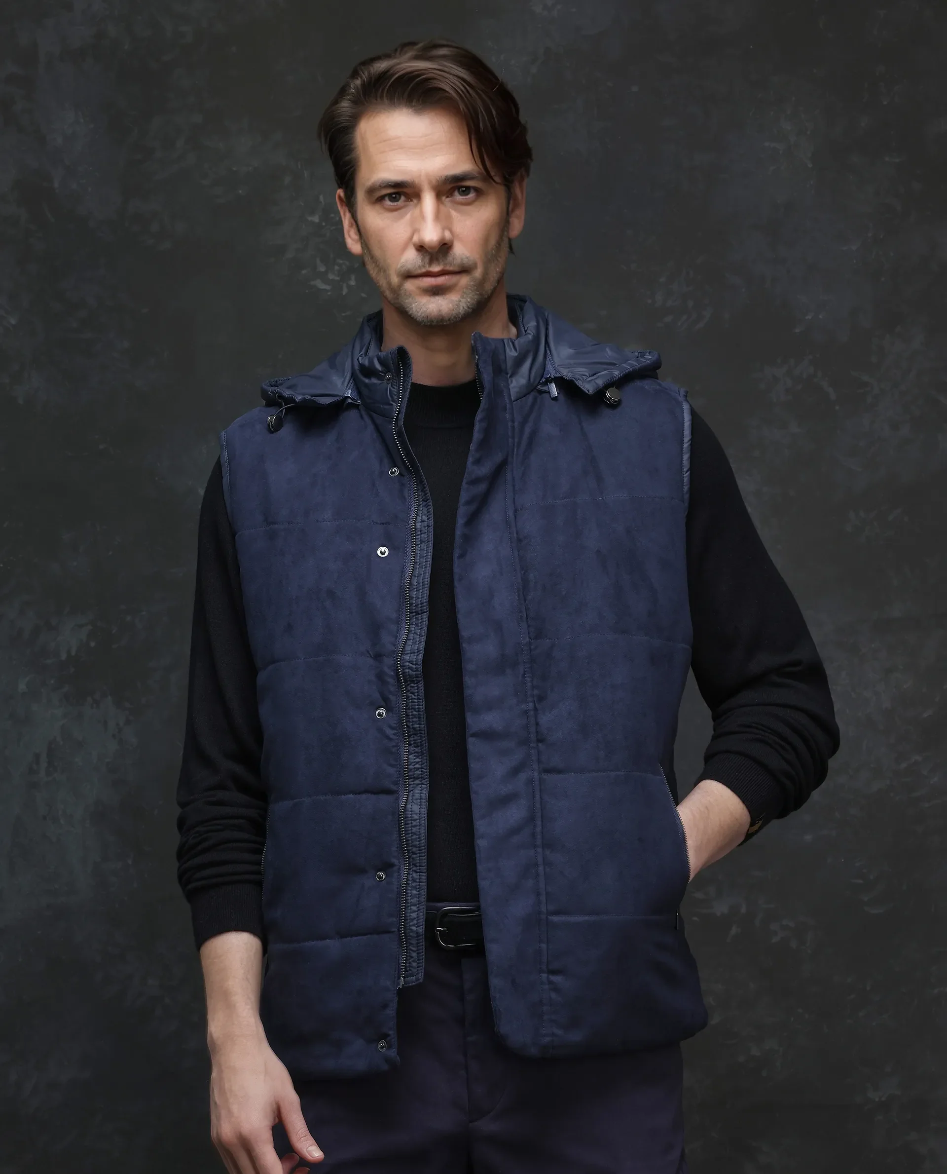 Rare Rabbit Men's Raldo - 2 Navy Polyester Plain Regular Fit Sleeveless High Neck Jacket