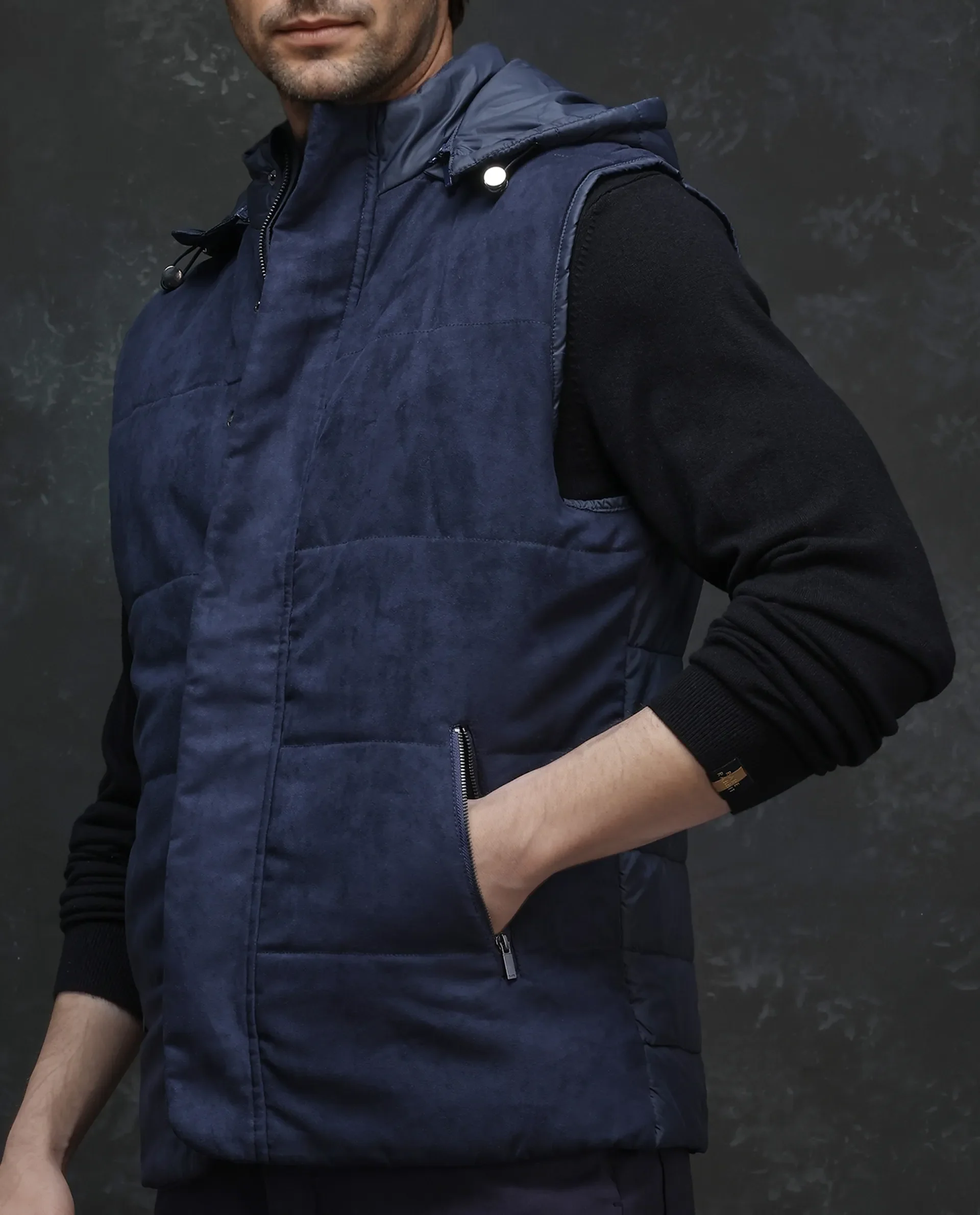 Rare Rabbit Men's Raldo - 2 Navy Polyester Plain Regular Fit Sleeveless High Neck Jacket - Image 3