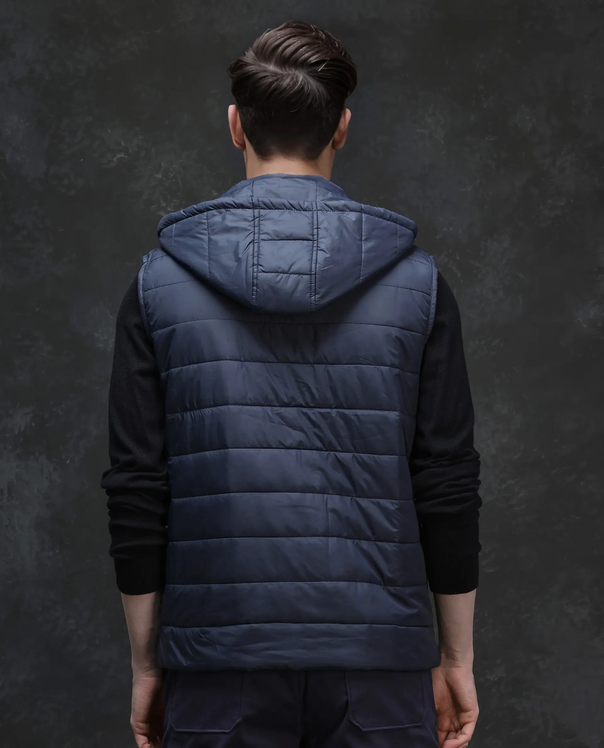 Rare Rabbit Men's Raldo - 2 Navy Polyester Plain Regular Fit Sleeveless High Neck Jacket - Image 4