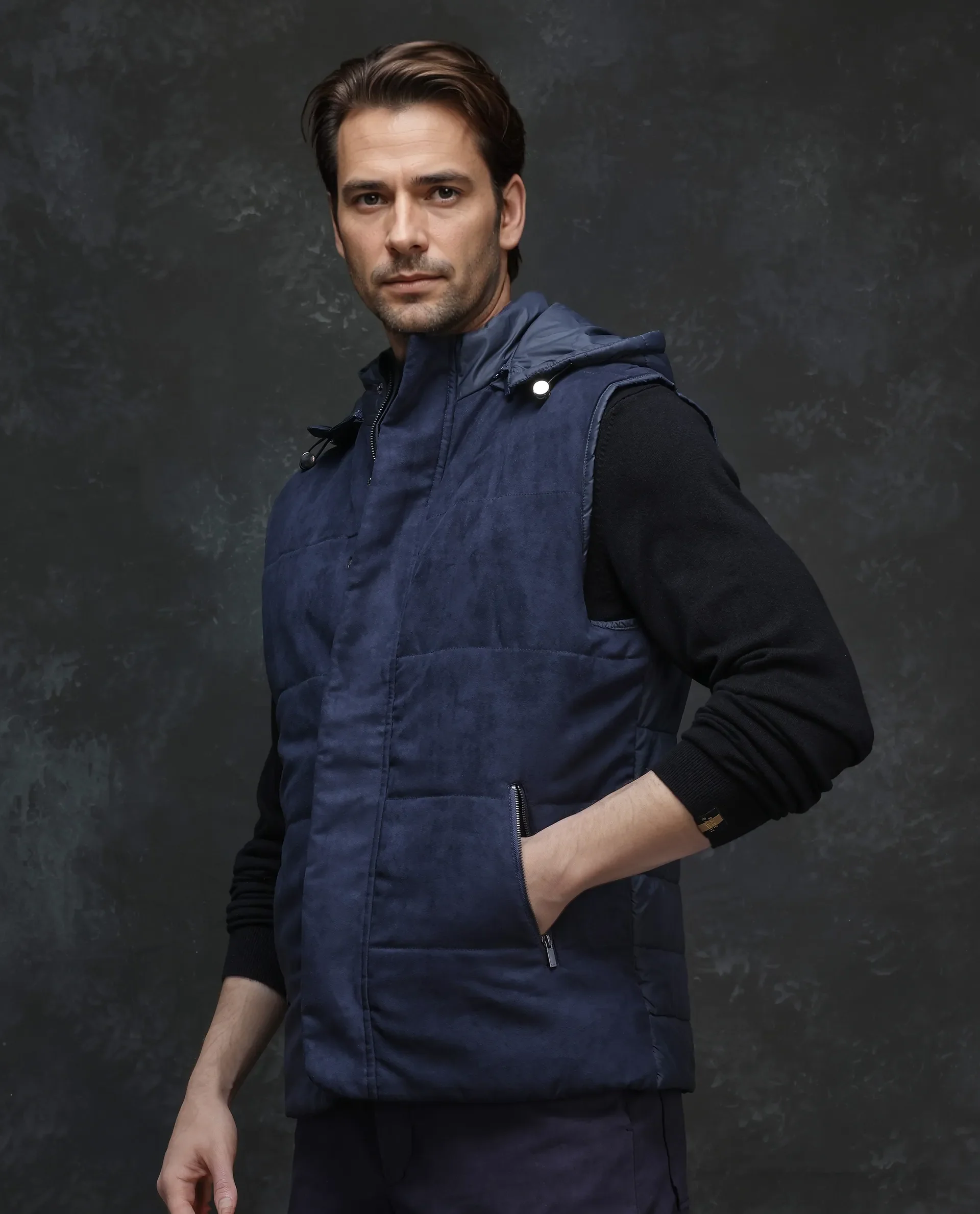 Rare Rabbit Men's Raldo - 2 Navy Polyester Plain Regular Fit Sleeveless High Neck Jacket - Image 5