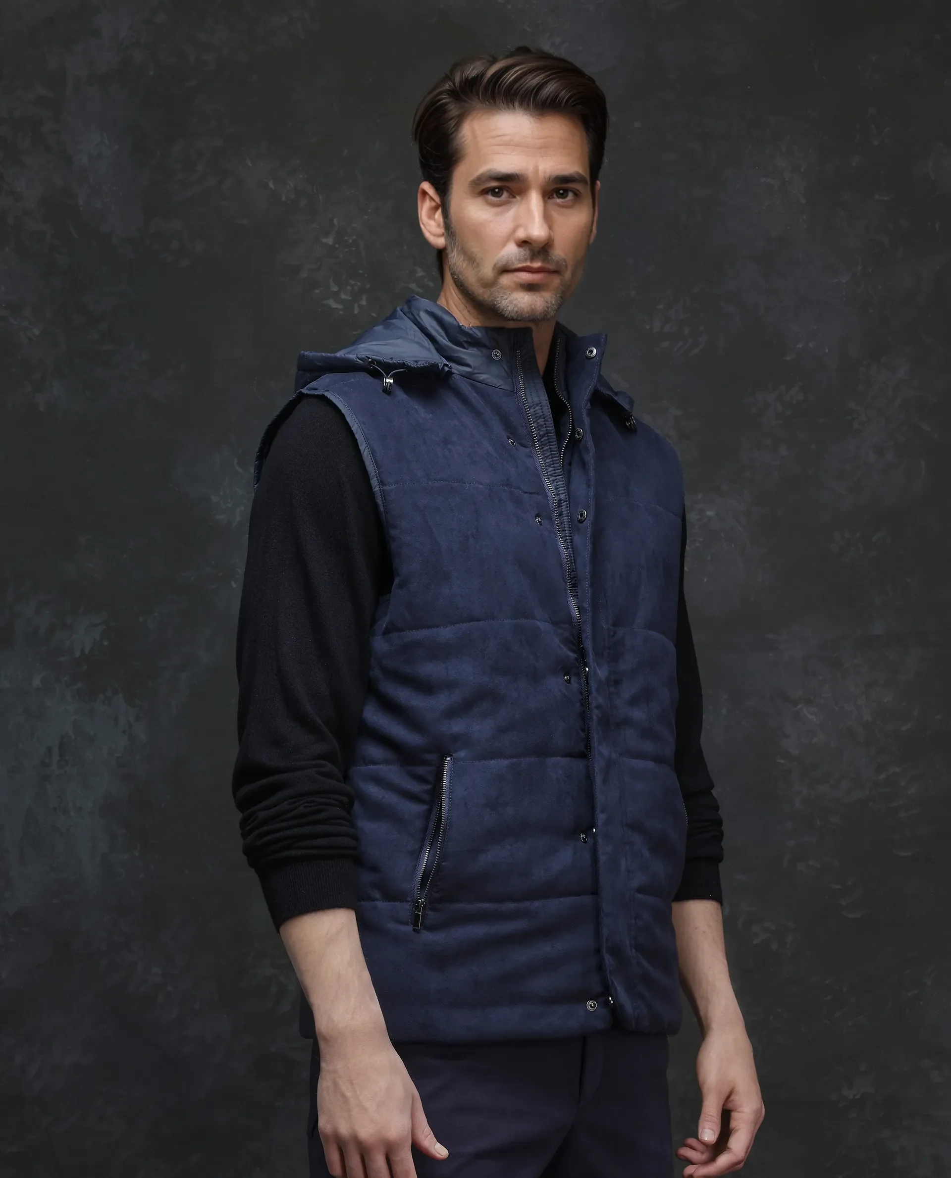 Rare Rabbit Men's Raldo - 2 Navy Polyester Plain Regular Fit Sleeveless High Neck Jacket - Image 6