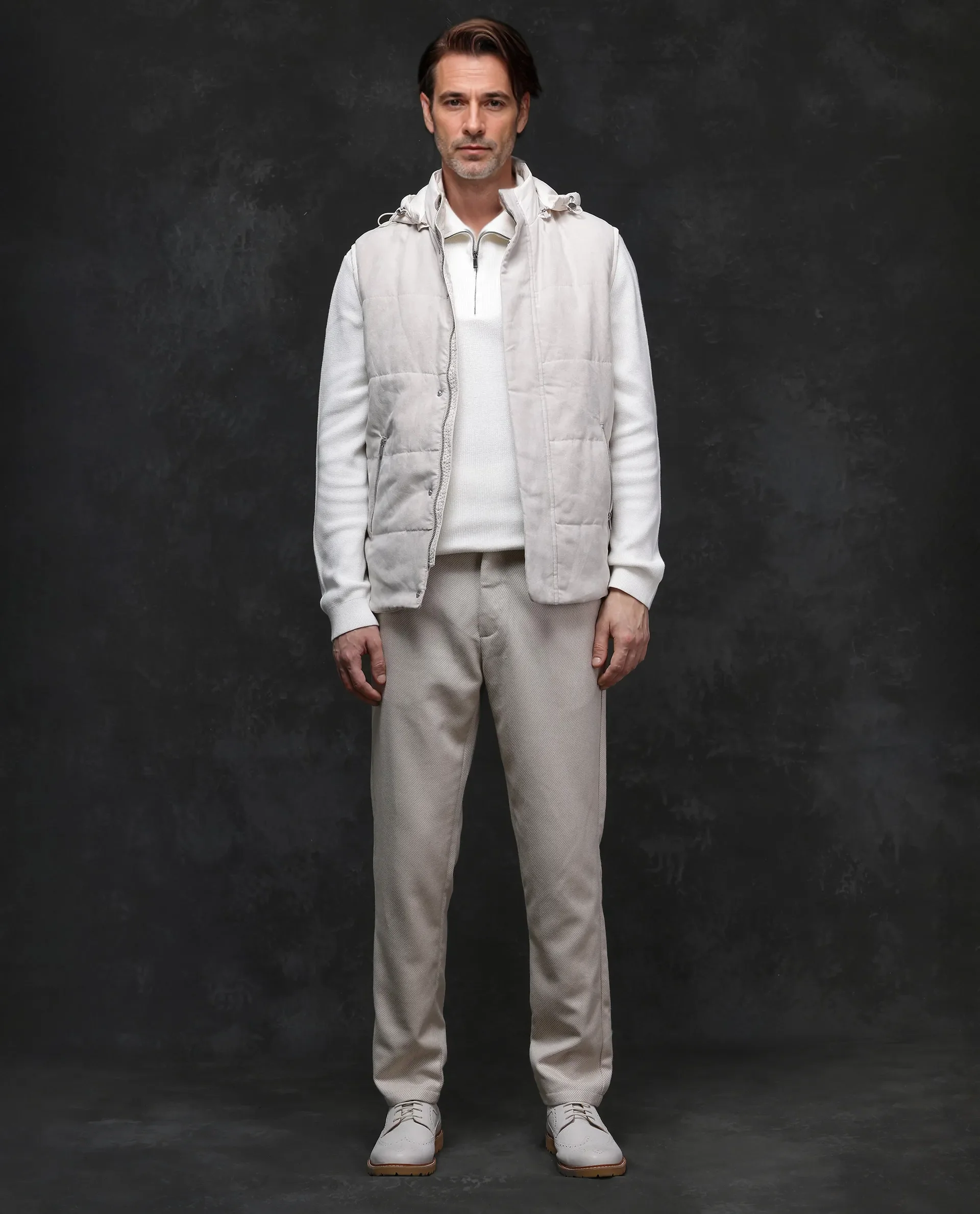 Rare Rabbit Men's Raldo -2 Off White Polyester Plain Regular Fit Sleeveless High Neck Jacket - Image 2