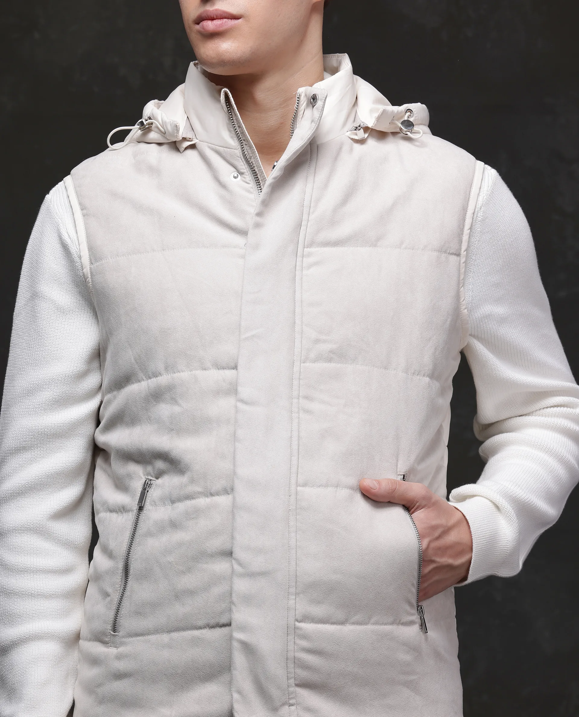 Rare Rabbit Men's Raldo -2 Off White Polyester Plain Regular Fit Sleeveless High Neck Jacket - Image 3