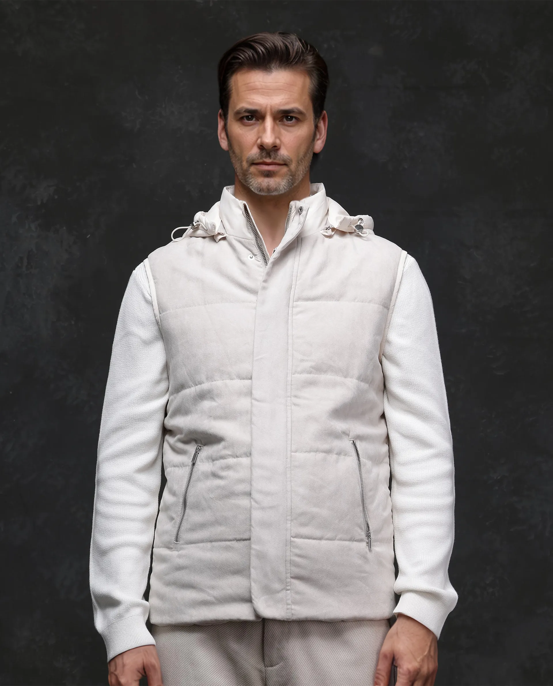 Rare Rabbit Men's Raldo -2 Off White Polyester Plain Regular Fit Sleeveless High Neck Jacket - Image 4
