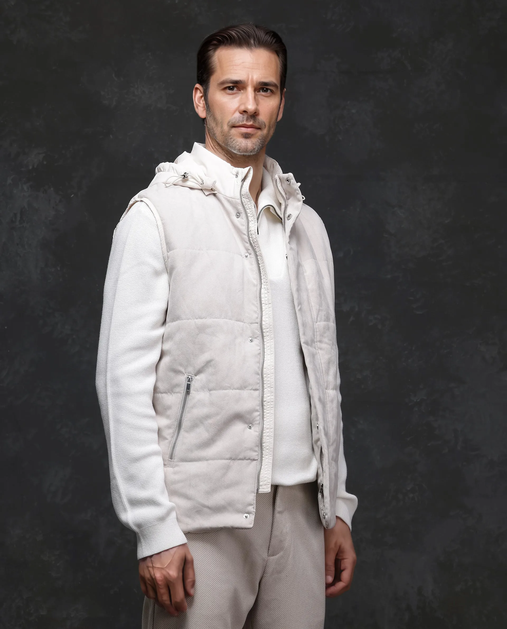 Rare Rabbit Men's Raldo -2 Off White Polyester Plain Regular Fit Sleeveless High Neck Jacket - Image 5