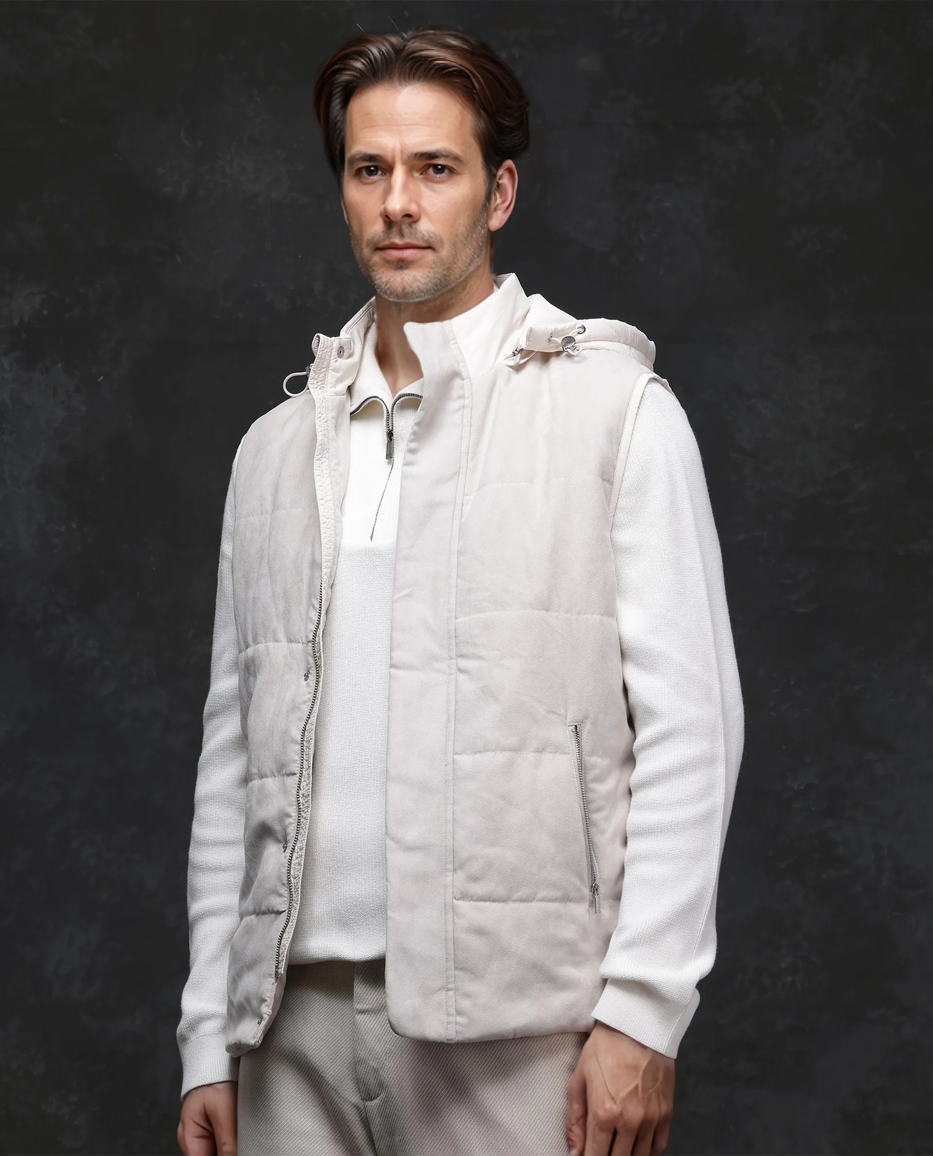 Rare Rabbit Men's Raldo -2 Off White Polyester Plain Regular Fit Sleeveless High Neck Jacket - Image 6