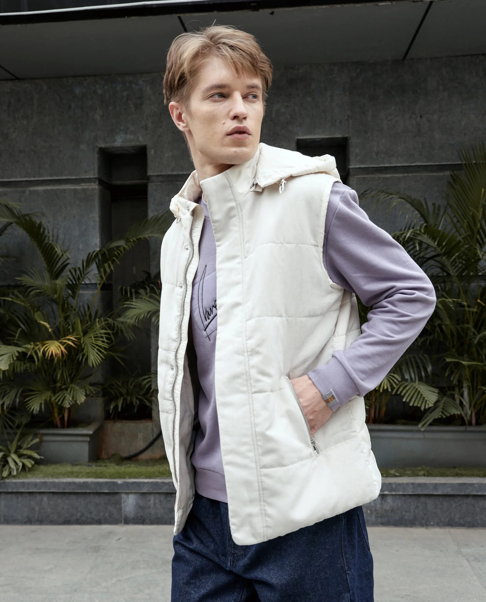 Rare Rabbit Men's Raldo -2 Off White Polyester Plain Regular Fit Sleeveless High Neck Jacket - Image 8