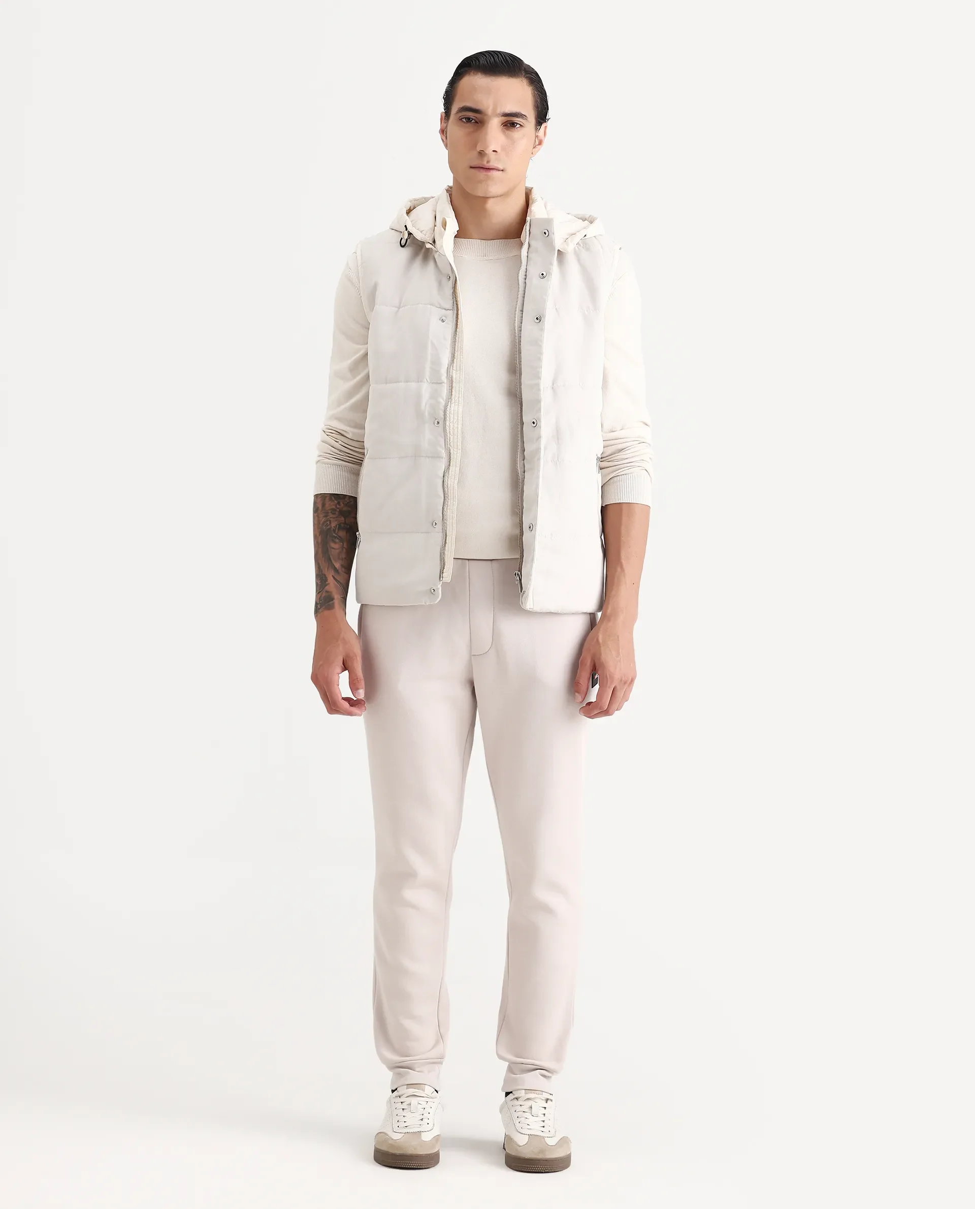 Rare Rabbit Men's Raldo Beige Suede Plain Regular Fit Sleeveless Hooded Jacket - Image 2