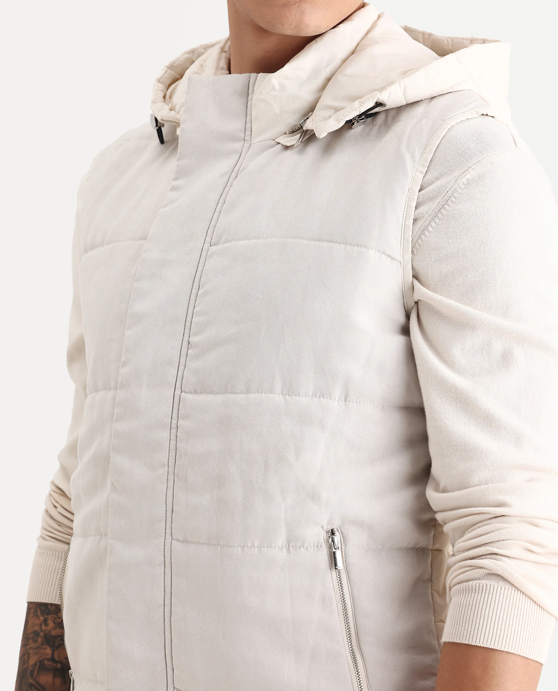 Rare Rabbit Men's Raldo Beige Suede Plain Regular Fit Sleeveless Hooded Jacket - Image 3